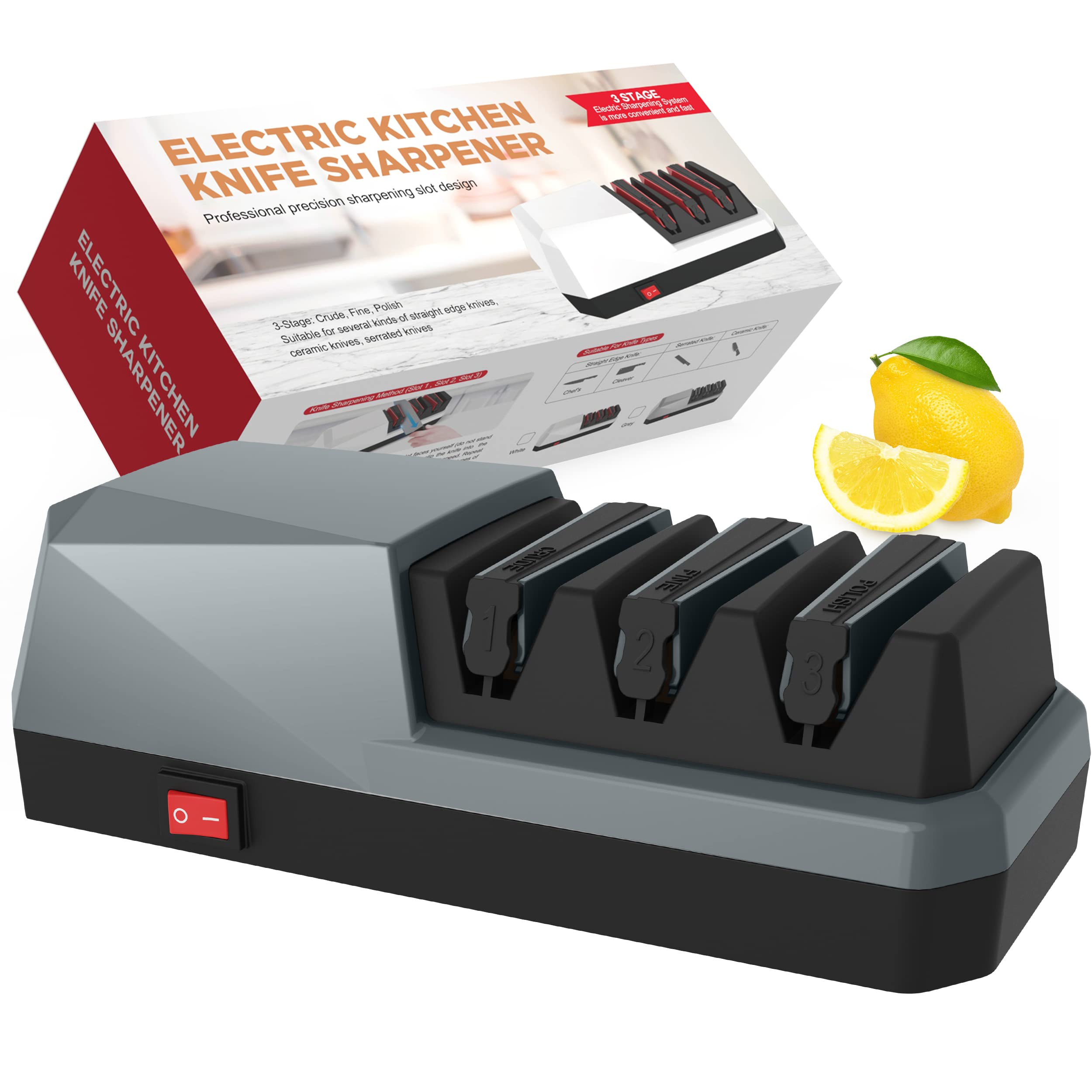 3-Stage Electric Knife Sharpener for Kitchen, Chef & Serrated Knives - Fast & Precise Sharpening - Perfect for Home Cooking, BBQ & Camping (Grey)