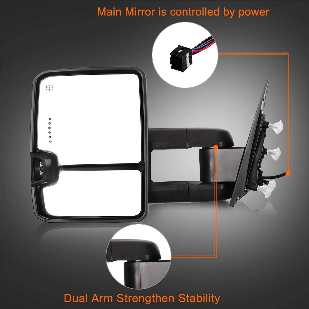 ROADFAR Towing Mirrors for GMC Sierra 2500/3500 HD (2015-2019) - Power Adjustable Heated LED Signal Mirrors with Puddle Light & Chrome Housing | Perfect for Towing, Camping & Heavy-Duty Truck Accessories