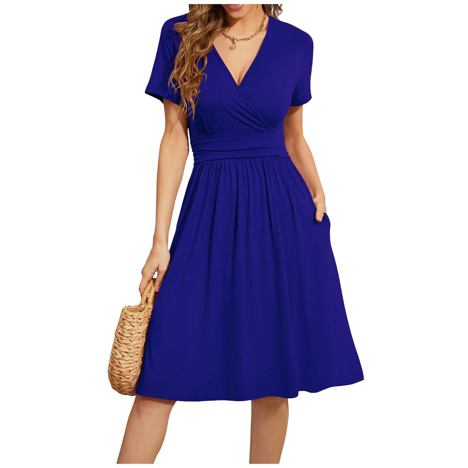 Elegant Women's V-Neck Wrap Dress with Short Sleeves & Tie Waist - Midi Sundress for Wedding Guest, Cocktail Party & Tea Time - Stylish Pocket Design for Convenience
