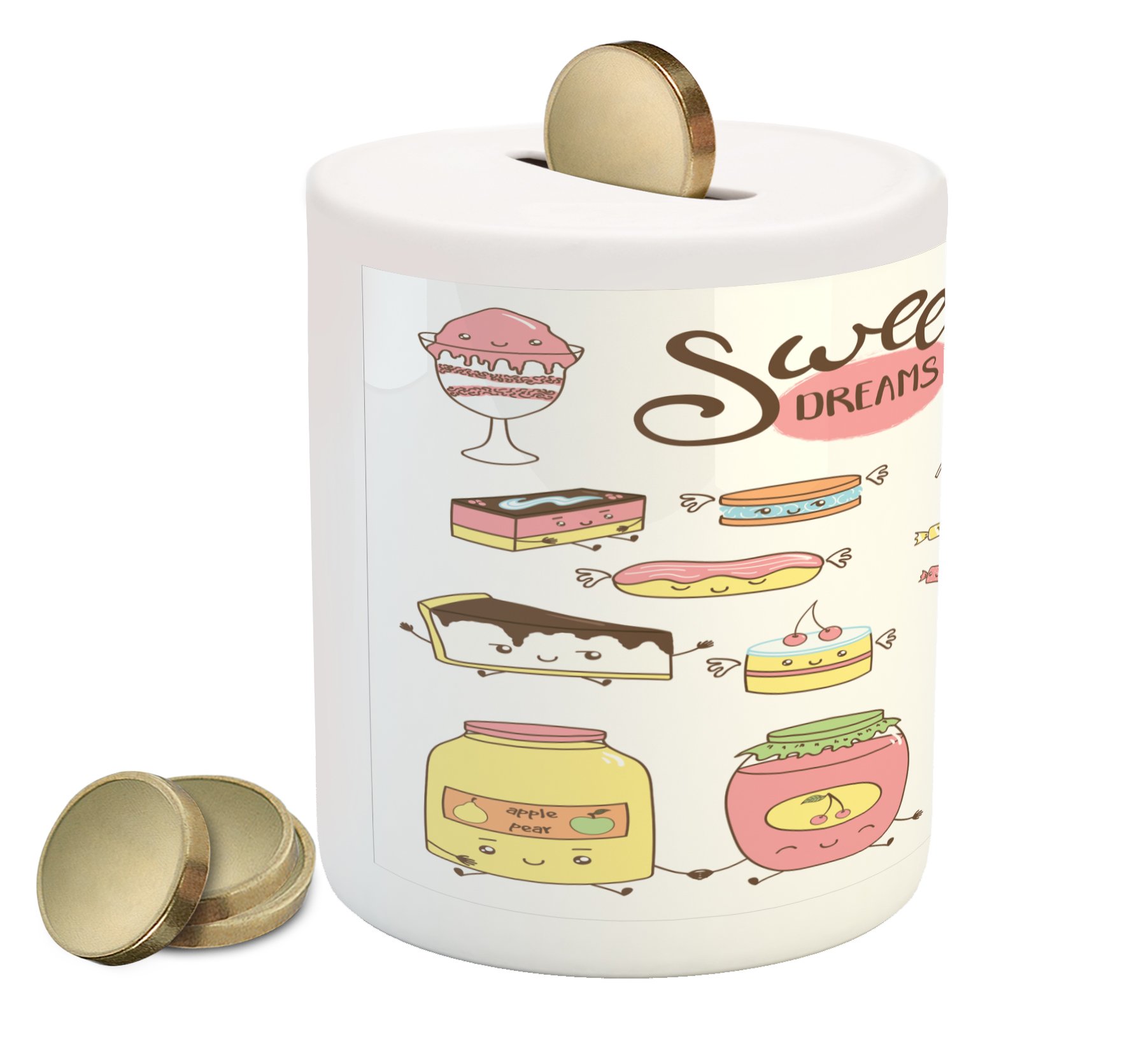 Ambesonne Ceramic Piggy Bank - Kawaii Cartoon Doodle Design with Sweet Food Characters, Colorful Money Box for Cash Savings | Perfect Gift for Teens, Girls & Kawaii Lovers | Bedroom Decor, Birthday Present, Savings Motivation