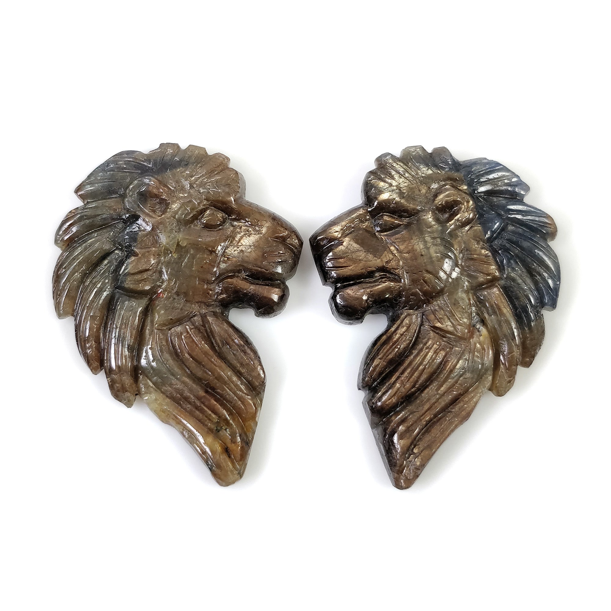 Natural Untreated Golden Brown Chocolate Blue Sapphire Gemstone - 82.95cts Hand Carved Lion Face (37x26mm) September Birthstone Pair - Perfect for Jewelry Making, Birthstone Gifts & Gemstone Collections