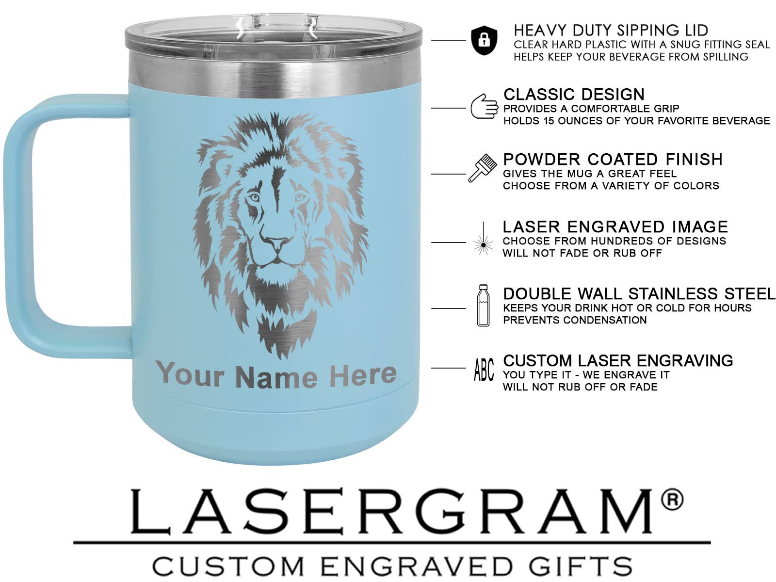 LaserGram 15oz Vacuum Insulated Coffee Mug with Guatemala Flag Design - Personalized Engraving Included (Light Blue) | Perfect for Travel, Office & Outdoor Use