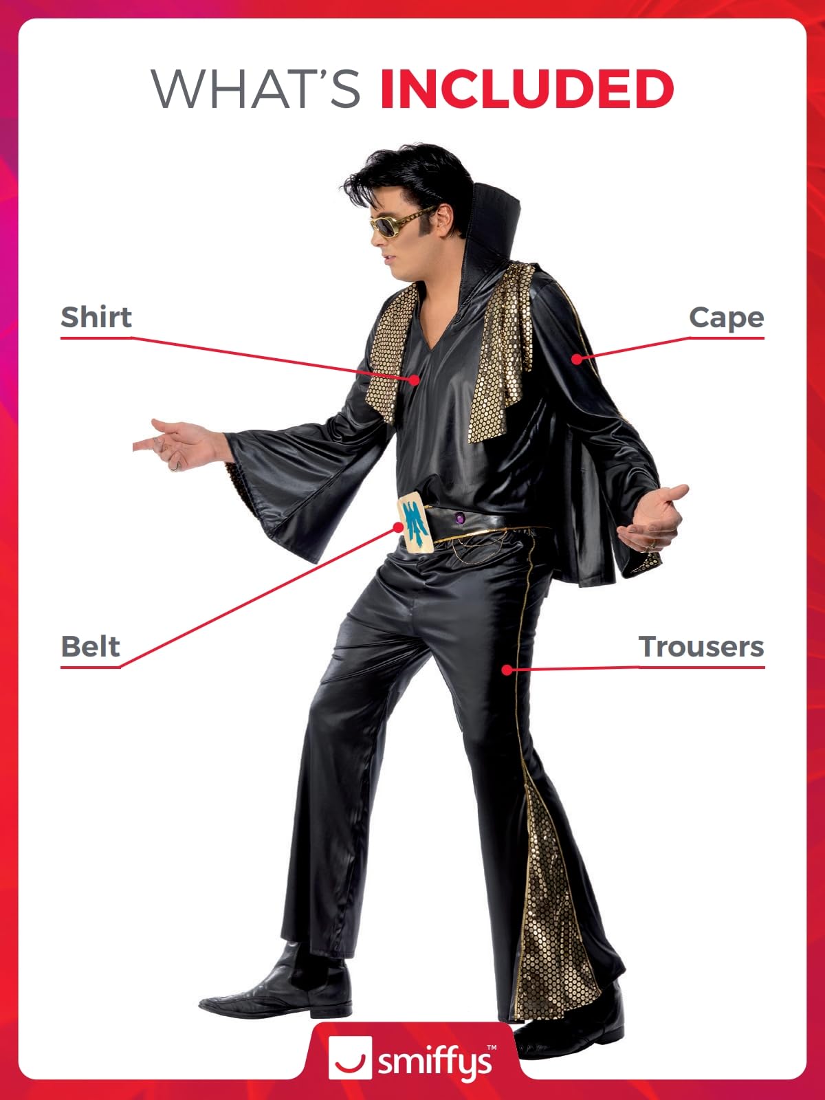 Smiffys Official Elvis Presley Costume for Adults - Black & Gold Shirt, Flared Pants, Cape & Belt Set | Licensed Music-Themed Fancy Dress Outfit for Halloween, Cosplay & Theme Parties