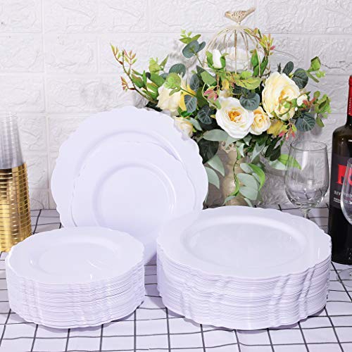 60 Pack White Plastic Plates 10.25 Inch - Elegant Baroque Disposable Dinner Plates for Wedding, Upscale Parties & Events - Perfect for Catering, Banquets and Formal Dining Occasions