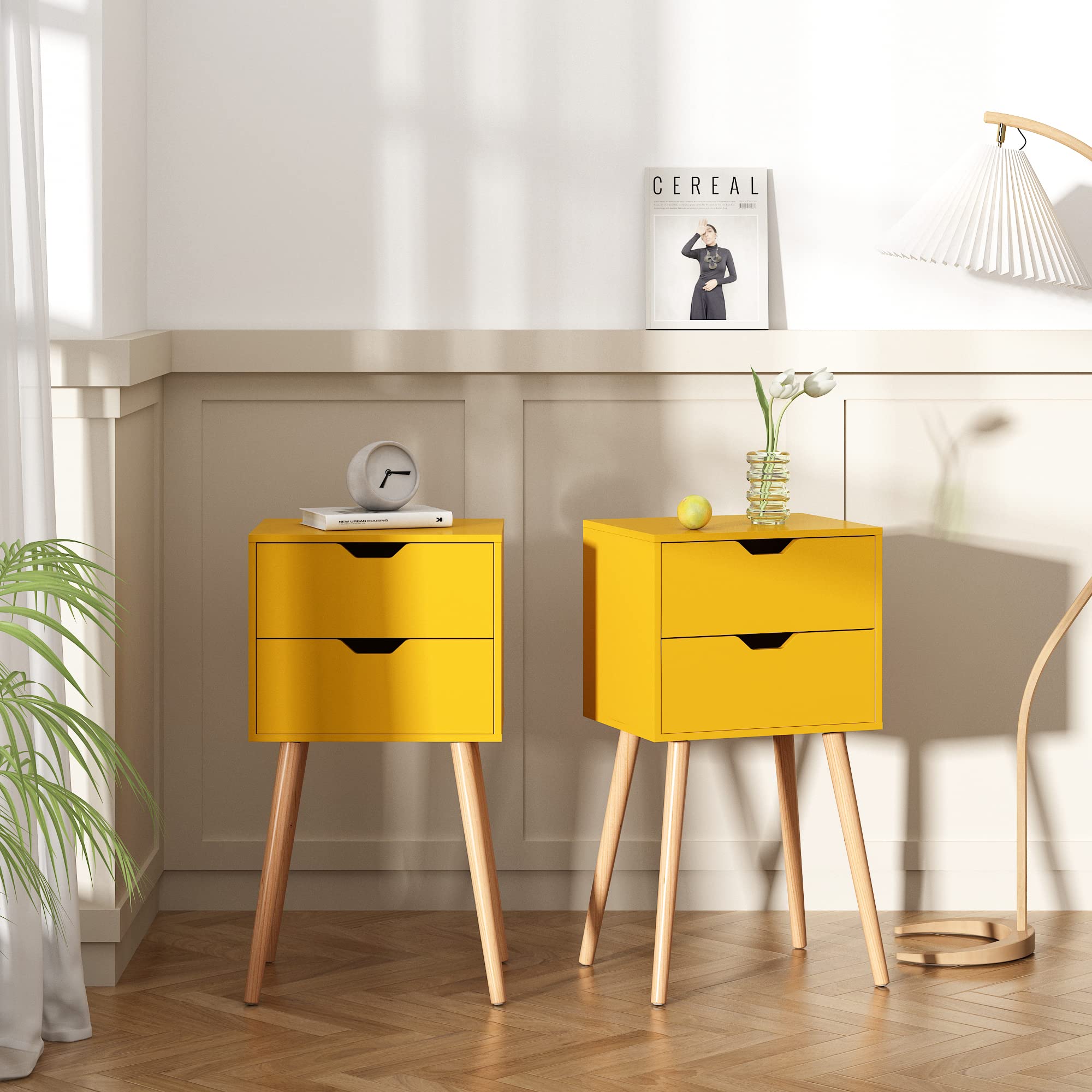 JAXPETY Nightstands Set of 2 - Modern Bedside Tables with 2 Drawers & Solid Wood Legs, Large Storage End Tables for Bedroom (Yellow) | Perfect for Small Spaces, Guest Rooms & Apartment Living