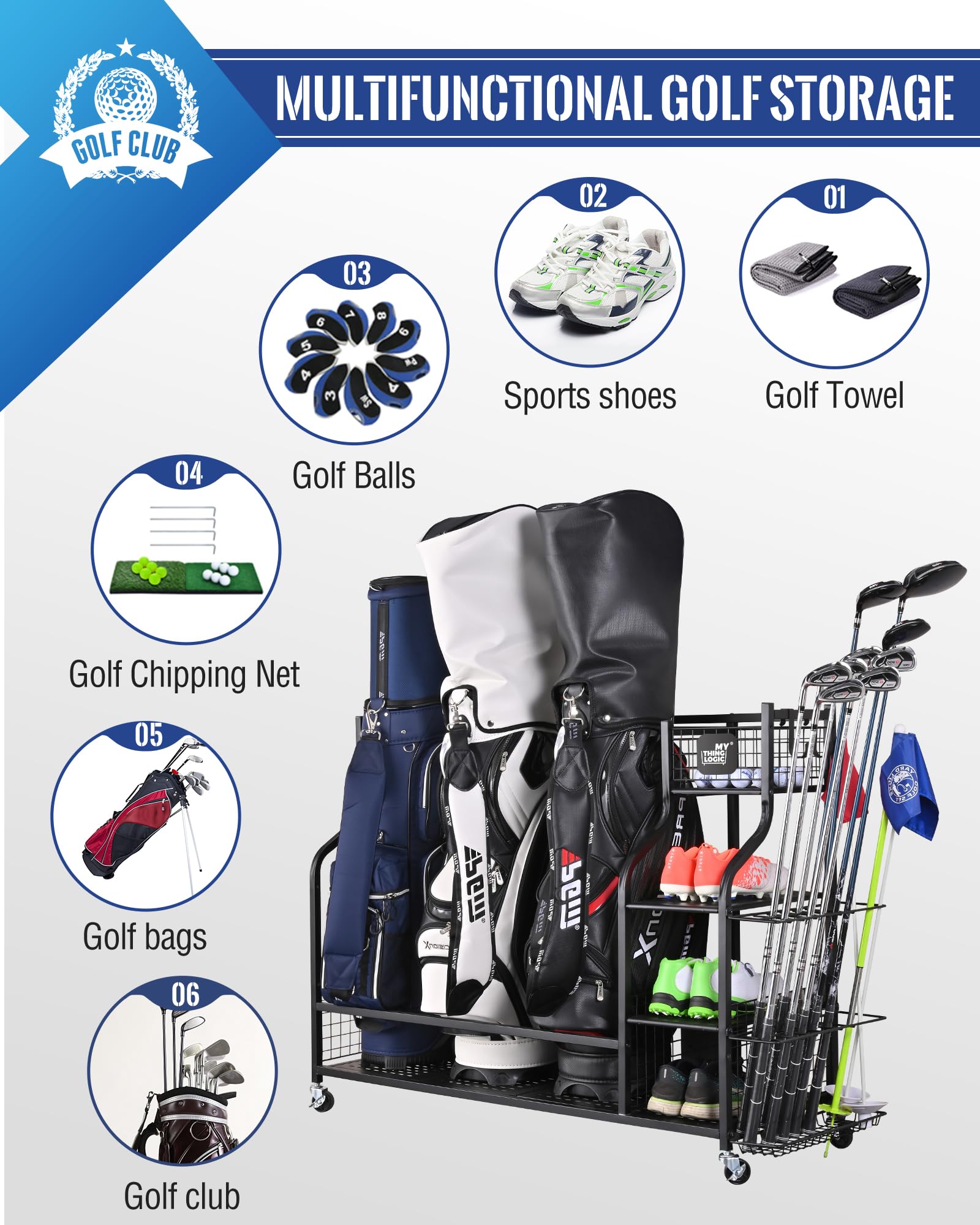 Mythinglogic Golf Storage Garage Organizer - Golf Bag Stand & Equipment Rack for Clubs, Balls & Accessories | Perfect for Home, Garage & Golf Course Storage Organization