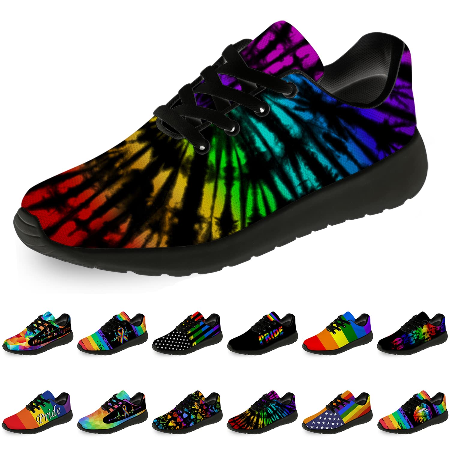 Unisex Pride Running & Walking Shoes - Rainbow Tie-Dye Sneakers for Men & Women (Size 10.5 Men/12 Women, Black) | LGBT Support, Tennis, Gym & Casual Wear