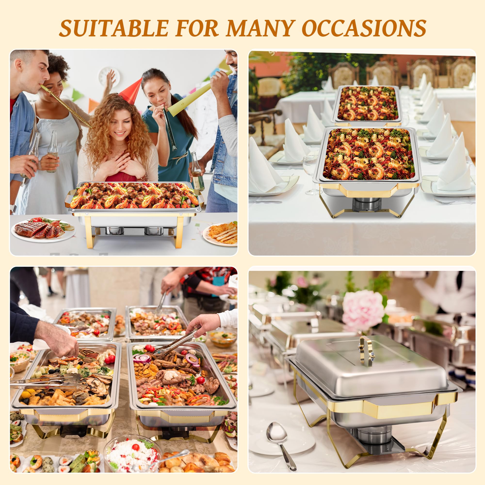 Premium 9.5QT Stainless Steel Chafing Dish Set (4-Pack) - Gold Rectangular Buffet Serving Trays with Heating & Cooling Function - Perfect for Banquets, Weddings, Catering, Parties & Events