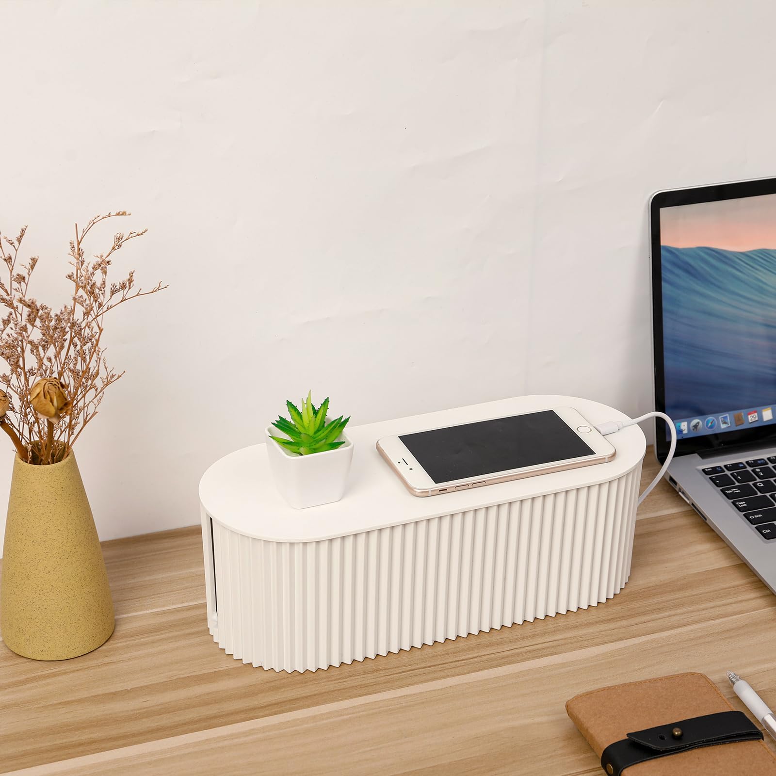 FABROK Large White Cable Management Box with 10 Cable Ties - Power Strip Organizer for Surge Protectors, Chargers & TV Wires - Cord Hider Box for Home Office Desk & Entertainment Center Organization