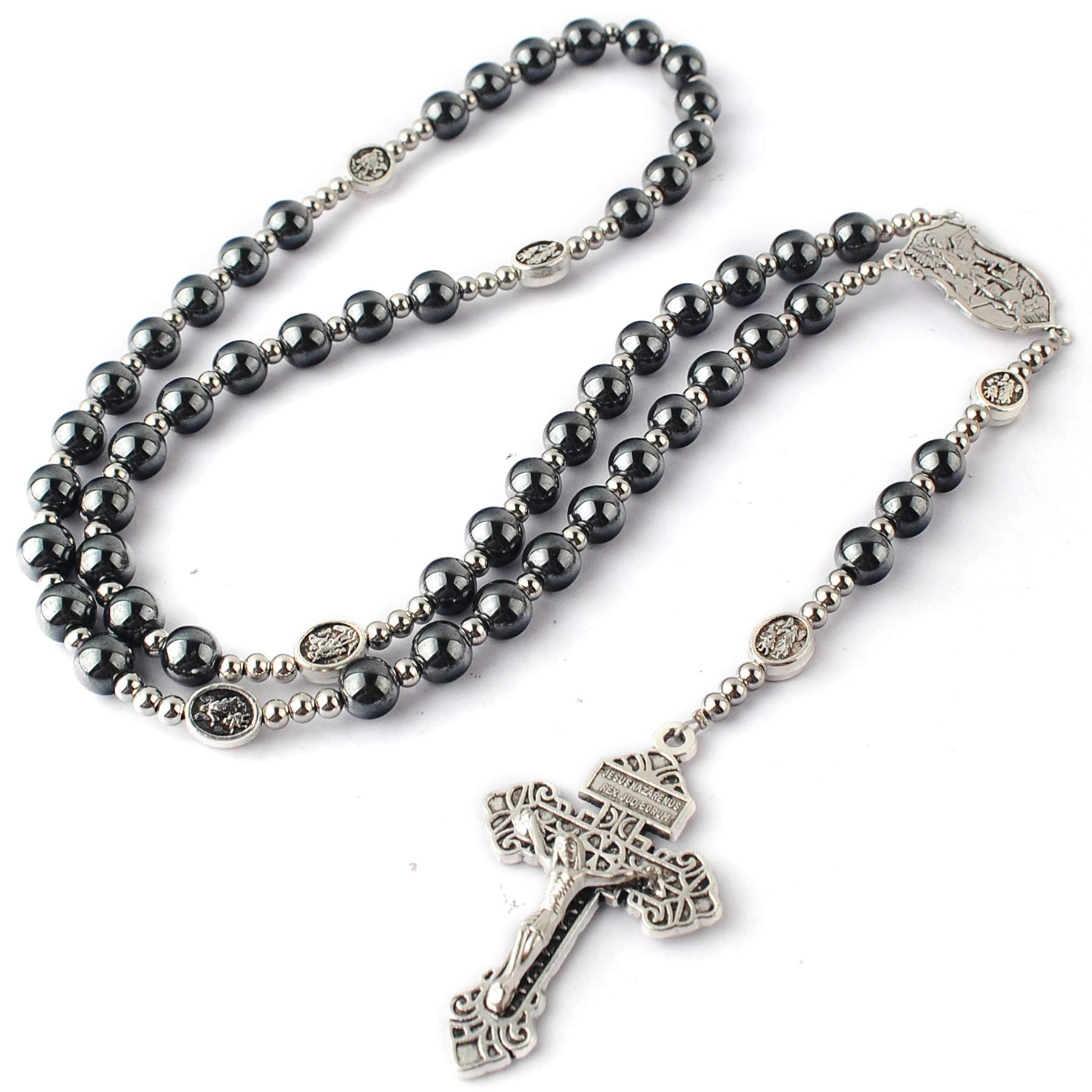 8mm Hematite Rosary Necklace with 4mm Stainless Steel Beads & St. Benedict Medal - Unisex Catholic Prayer Jewelry for Men & Women - Perfect for Daily Devotion, Religious Gifts, and Spiritual Protection