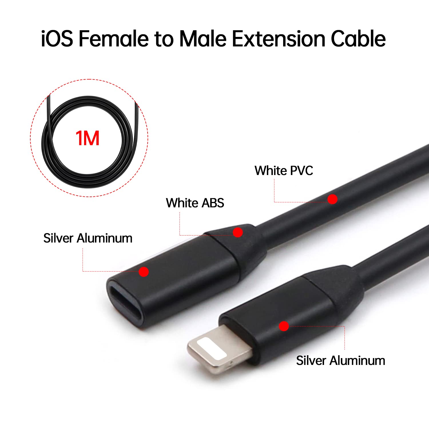 DingZan 3.3ft Black Lightning Extension Cable - iOS Male to Female Extender for Audio, Video, Data & Charging | Compatible with iPhone, iPad, iPod | Perfect for Home, Office & Travel Use