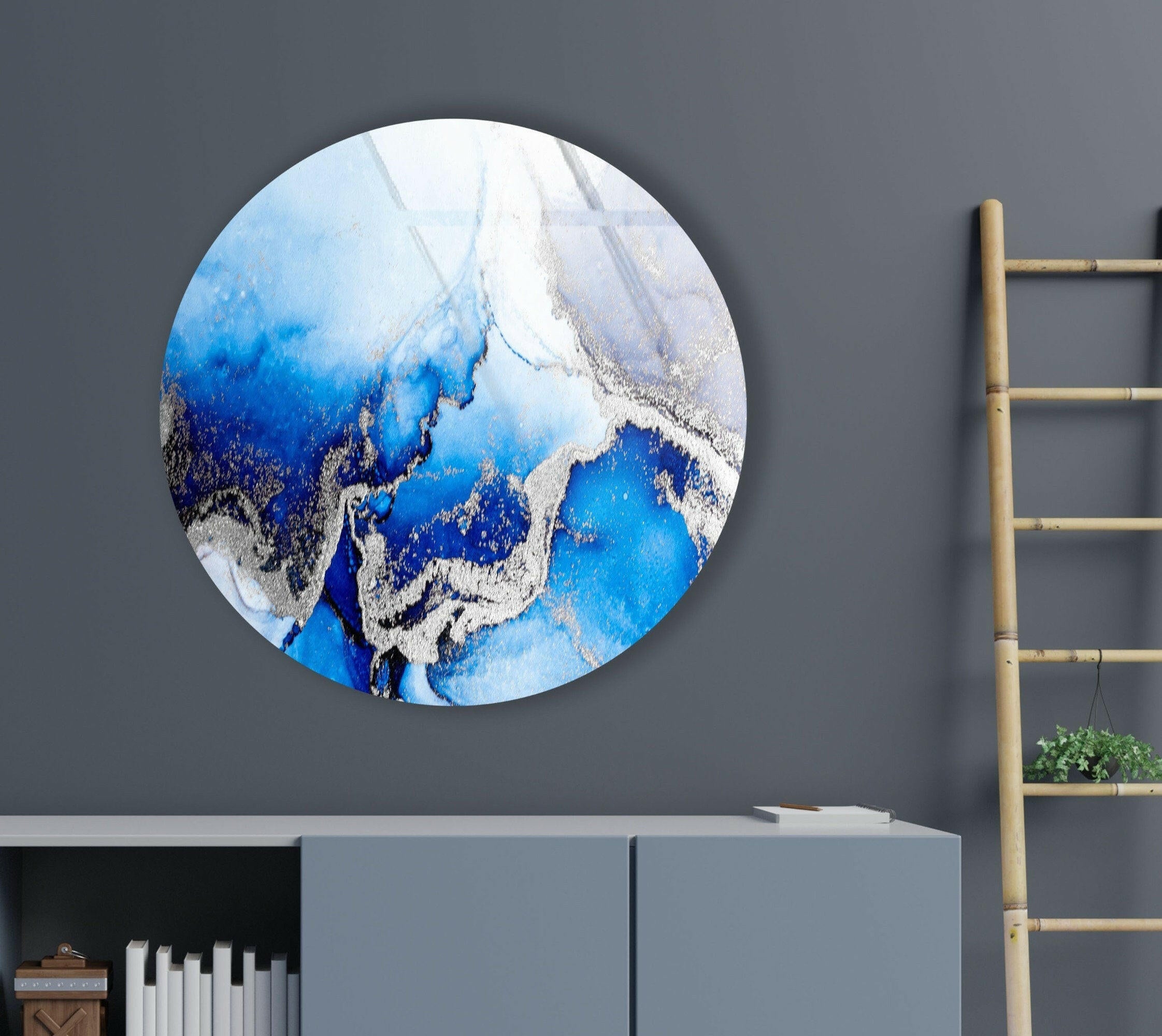 Blue Marble Round Glass Wall Art with Silver Accents - Elegant Home Decor for Living Room, Bedroom & Office