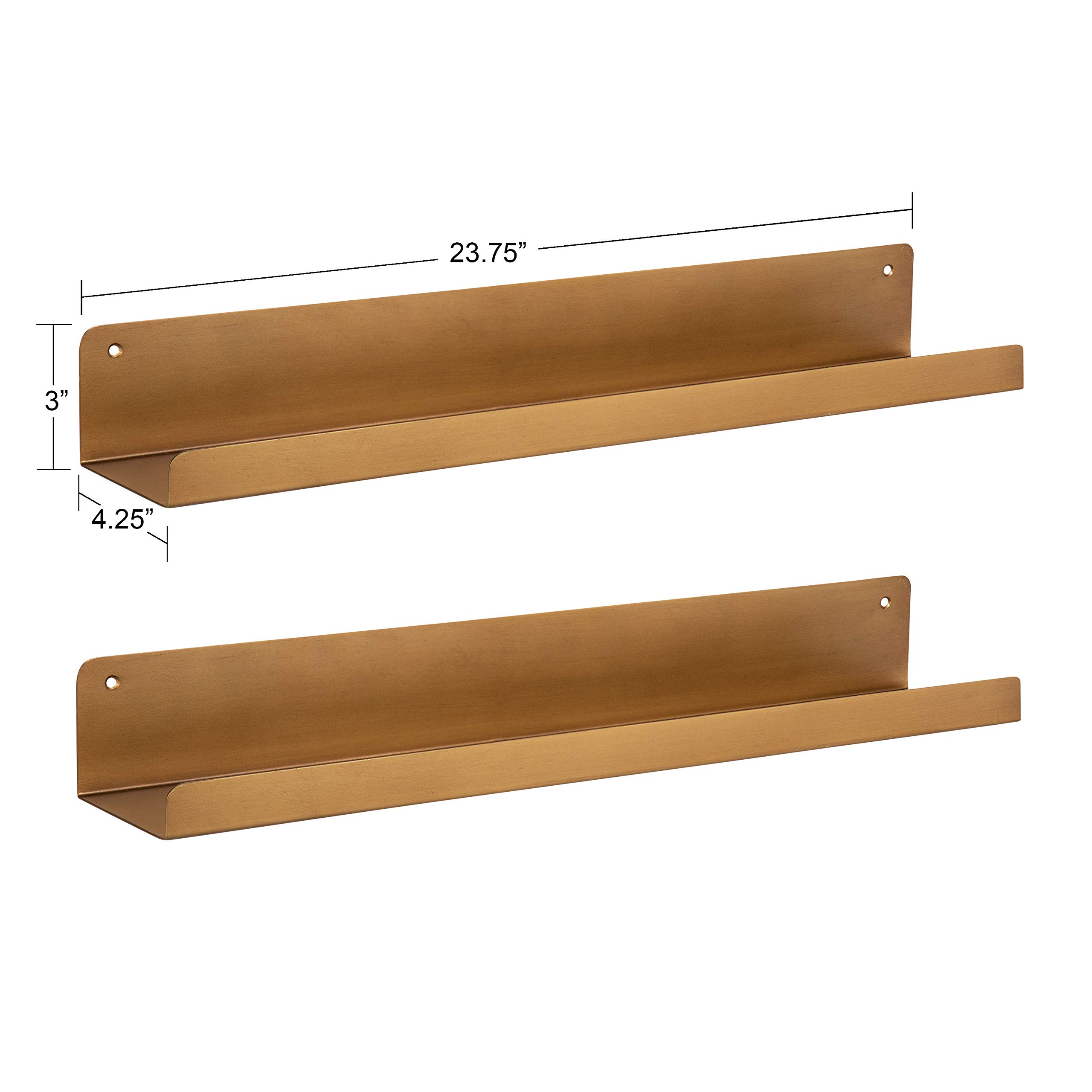 Kate and Laurel Mezzo Modern Metal Ledge Shelf - Set of 2 Gold Floating Shelves for Wall Decor | Contemporary Home & Office Organization | Perfect for Displaying Photos, Plants & Decor Items