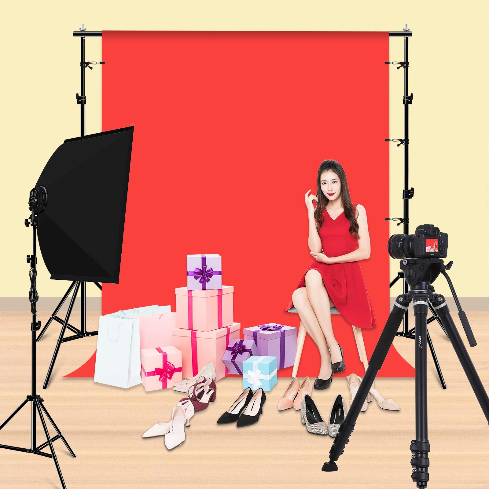 PULUZ 6.5x6.5ft/2x2M Photo Studio Backdrop Stand Kit with 5.3x6.5ft/1.6x2M Fabric Background (Red, Blue, Green) - Perfect for Portrait Photography, Product Shoots, YouTube Videos & Content Creation