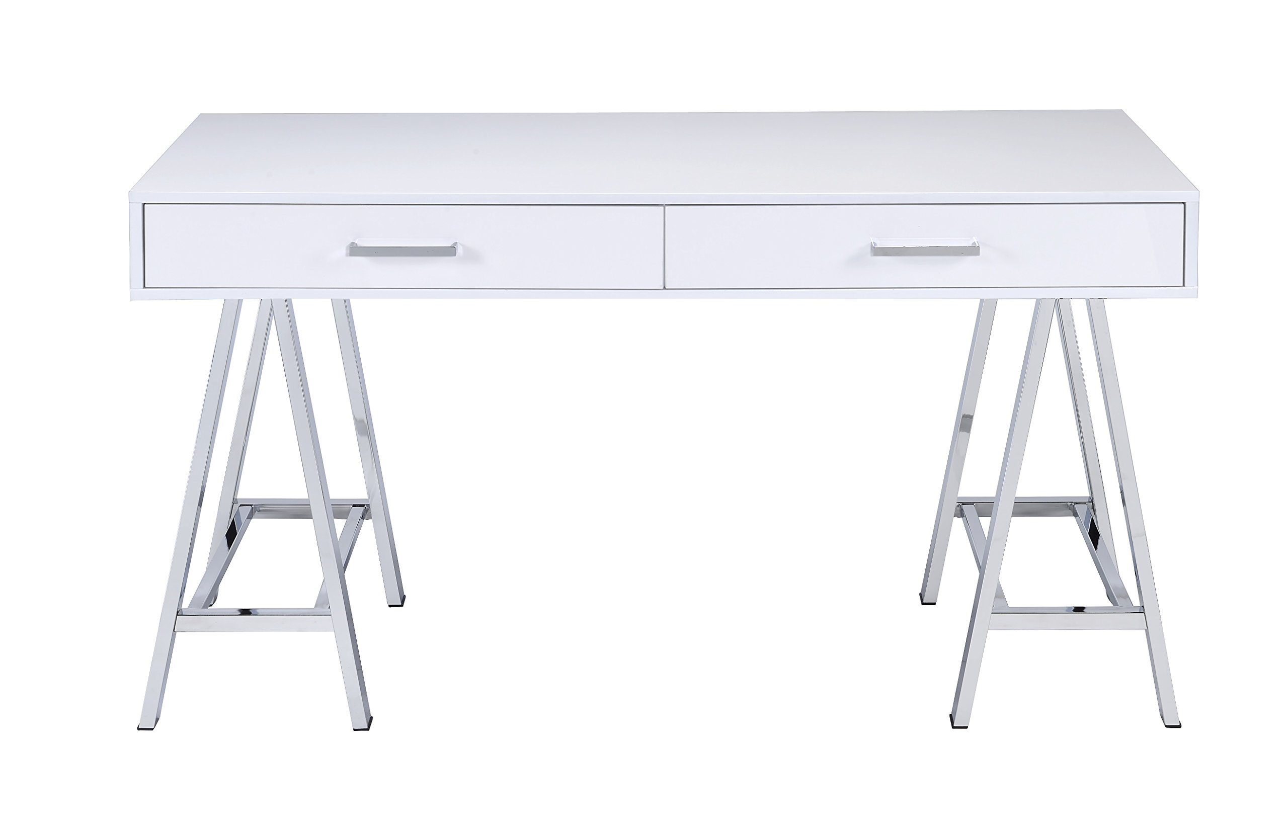 HABITRIO Modern Writing Desk - White Rectangular Home Office Table with 2 Storage Drawers & USB Port, High Gloss Workstation for Small Spaces | Perfect for Remote Work, Study & Crafting