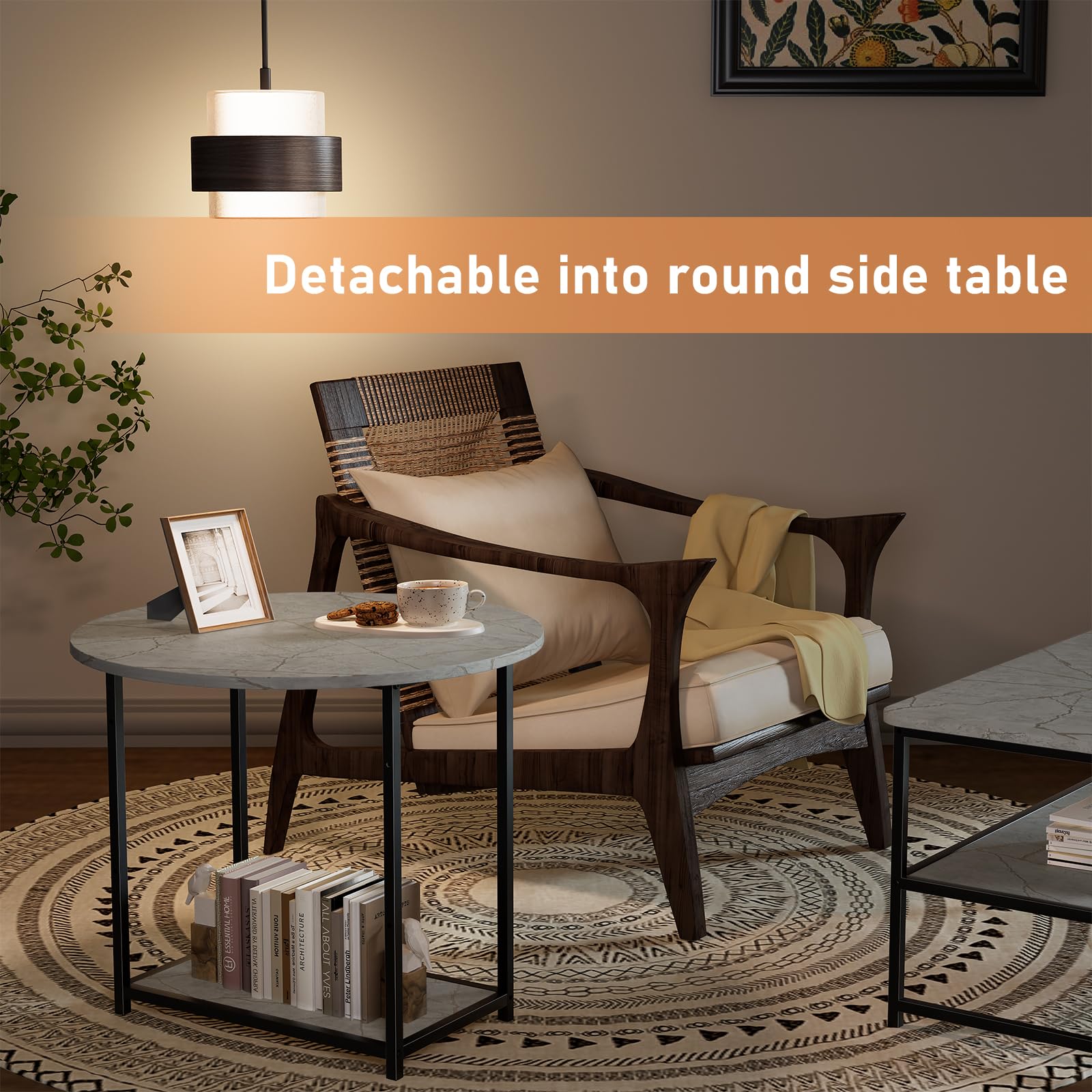 Modern WOHOMO Coffee Table with Storage - 2-in-1 Detachable Marble Top Living Room Center Table (Grey) - Perfect for Small Spaces, Apartments & Contemporary Home Decor