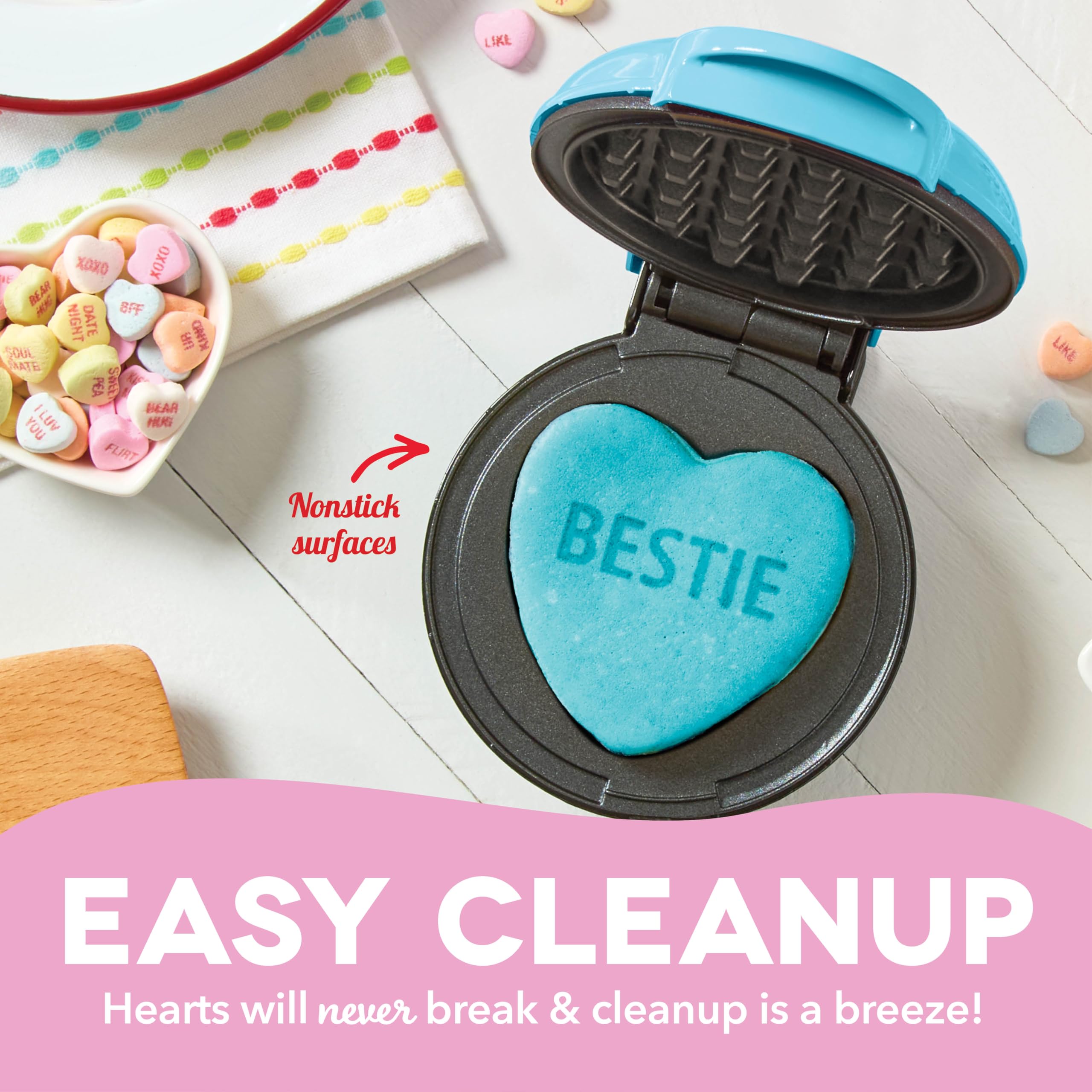 DASH Sweethearts Mini Waffle Maker - 4 Inch Heart Shaped Nonstick Waffle Iron with Fast Heating, Perfect Valentine's Gift for Kids, Couples & Families - Bestie Blue - Great for Breakfast, Desserts & Romantic Dates