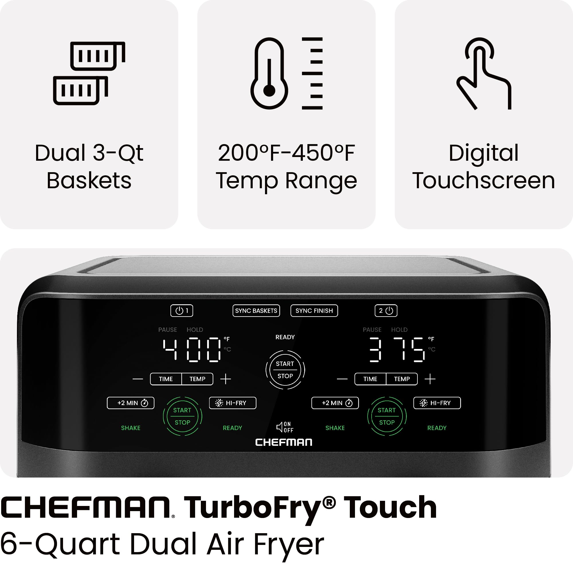Chefman 6 Quart Dual Basket Air Fryer - Digital Touchscreen, Smart Sync Finish, Hi-Fry Technology, Auto Shutoff, 2 Independent 3QT Nonstick Dishwasher-Safe Baskets - Healthy Oil-Free Cooking for Family Meals, Snacks & Party Foods - Black