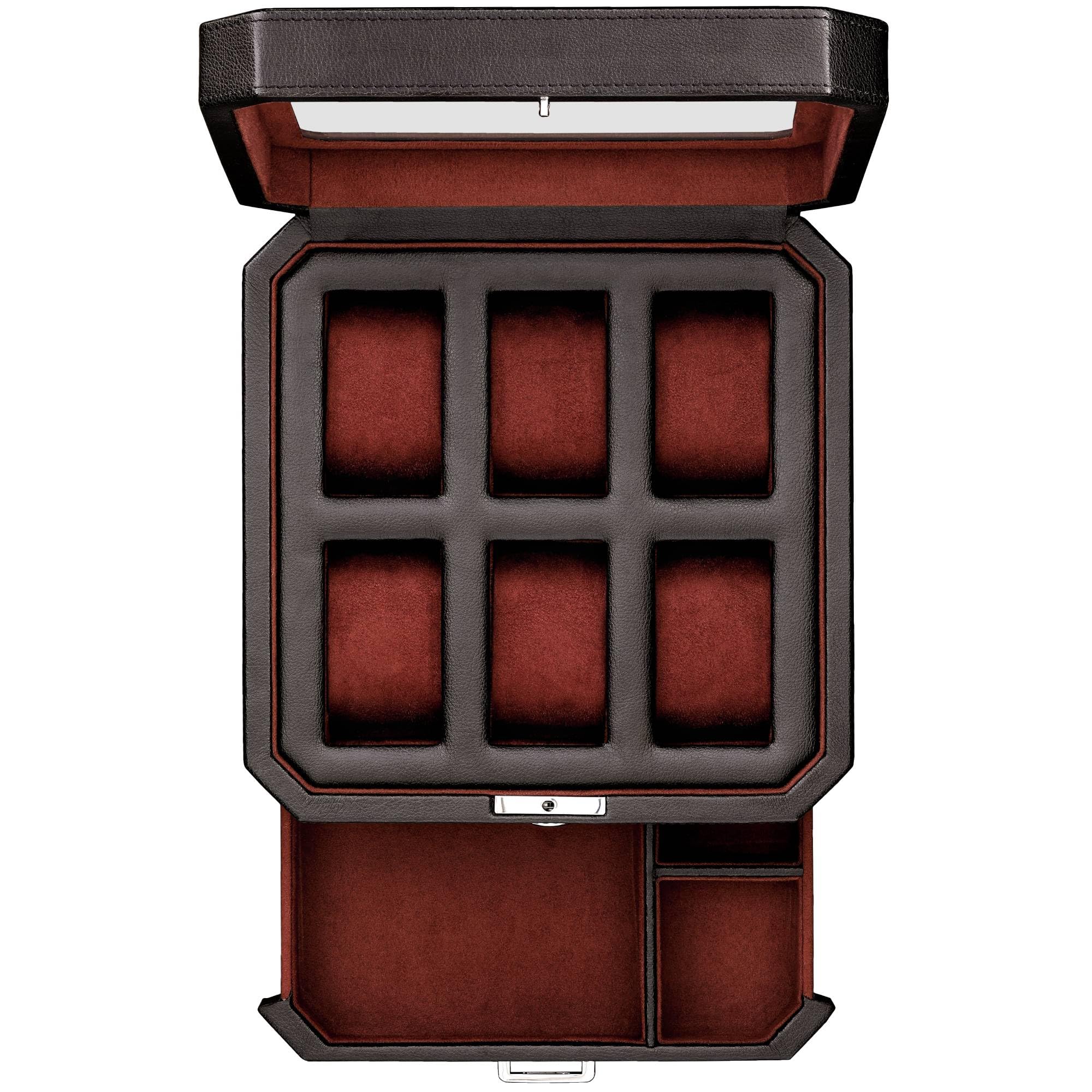 Premium ROTHWELL 6-Slot Leather Watch Box with Valet Drawer - Luxury Watch Display Case Organizer with Microsuede Lining & Locking Mechanism - Large Glass Top Jewelry Storage for Men (Black/Red) - Perfect for Watch Collectors, Gifts & Home Décor