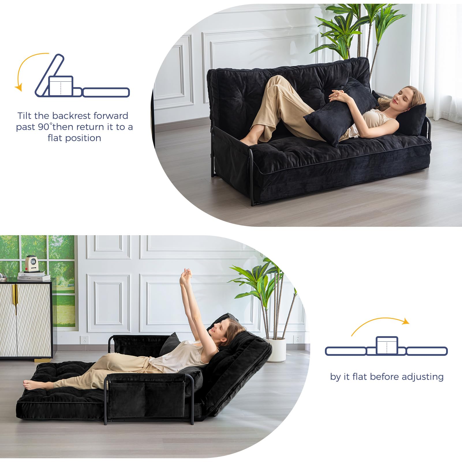 MAXYOYO Adjustable Floor Sofa Couch - Velvet Convertible Lazy Sofa Sleeper Bed with Pillows & Armrests, Double Size in Black | Perfect for Small Spaces, Living Rooms & Guest Beds