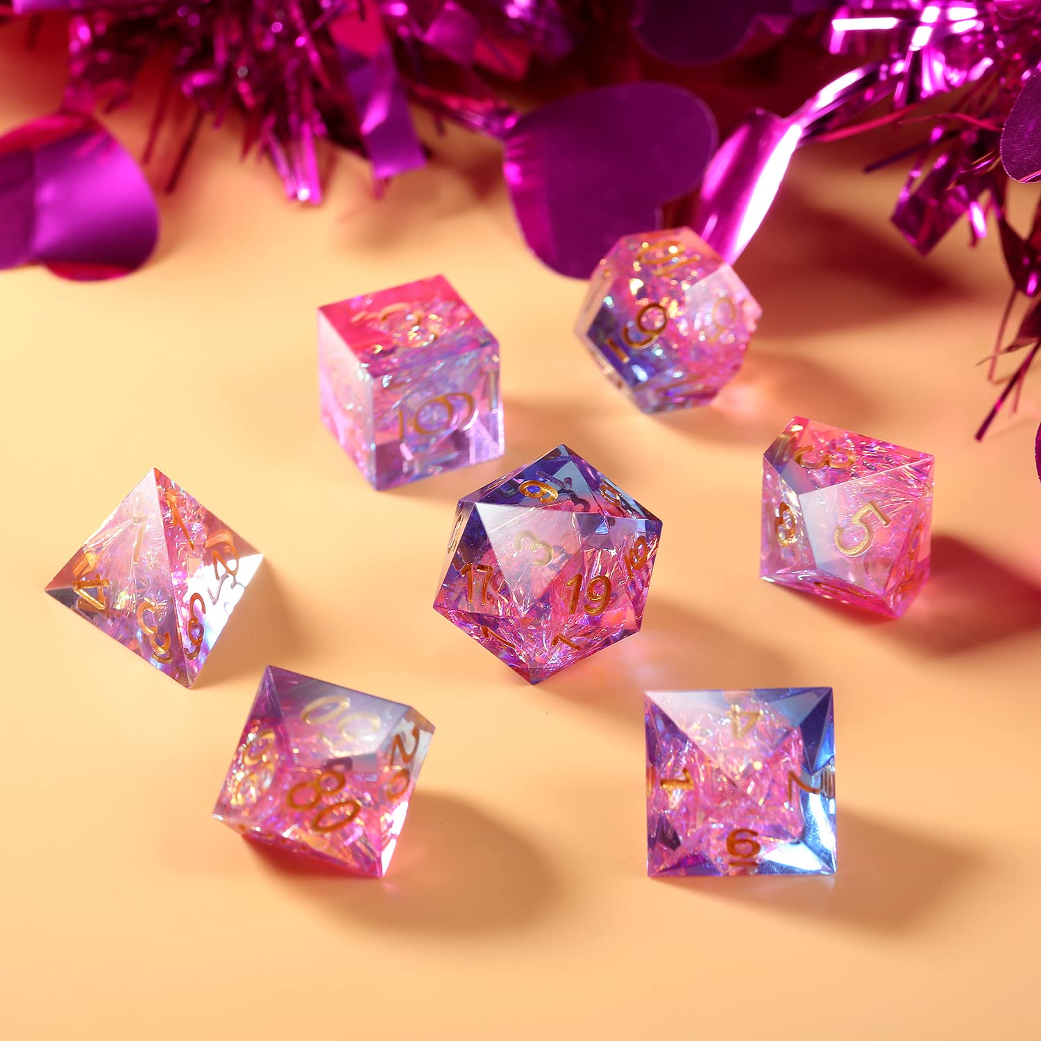 DND Dice Set - 7 PCS Sharp Edge Polyhedral Dice with Elegant Gift Case for Dungeons & Dragons RPG Games (Translucent Pink & Blue) - Perfect for Tabletop Gaming, D&D Campaigns, and Collectors