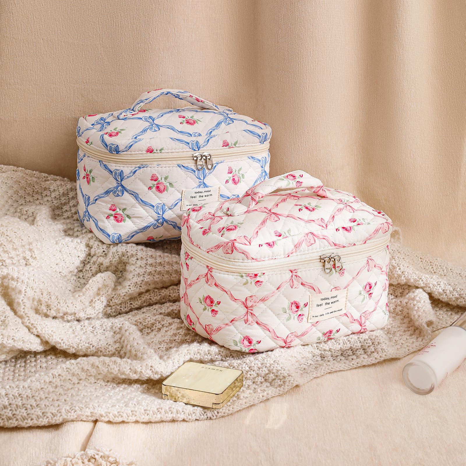 Large Quilted Makeup Bag for Women & Girls - Cute Floral Cotton Cosmetic Organizer - Aesthetic Travel Toiletry Pouch with Pink Bows - Perfect for Travel, Gym & Daily Beauty Essentials