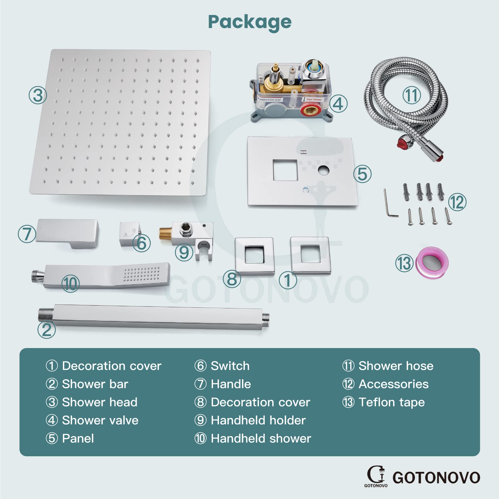 Gotonovo Luxury 12 Inch Rain Shower System - High Pressure Ceiling Mount Shower Head with Handheld Spray, Polish Chrome Finish, Dual Function Combo Set (Includes Rough-in Valve & Shower Trim) - Perfect for Master Bathroom, Spa-Like Shower Experience & Modern Home Renovation