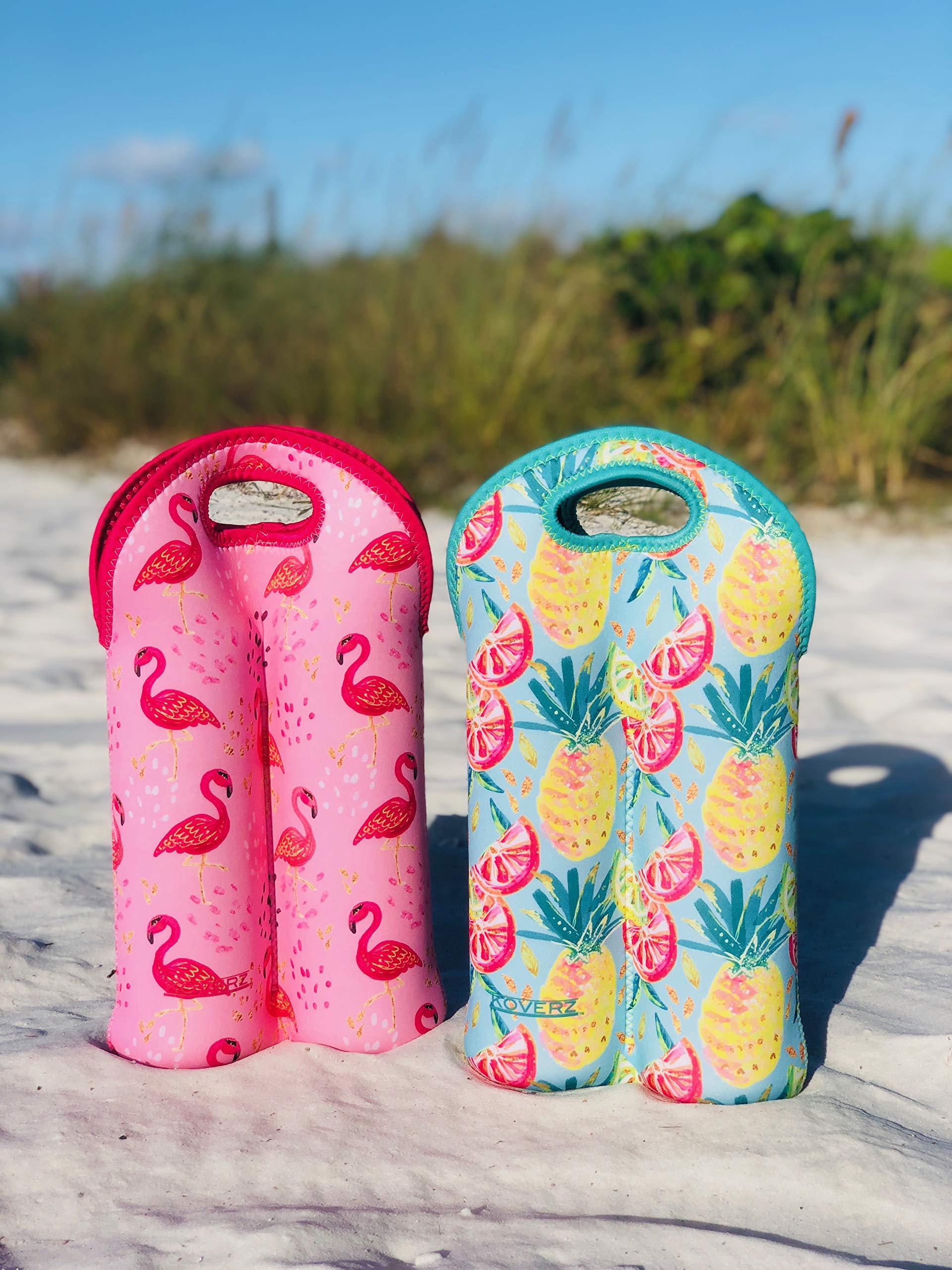 Koverz Insulated Neoprene 2-Bottle Wine & Water Carrier - Leakproof Double Bottle Tote Bag for Beach, Picnic, Camping & Outdoor Activities