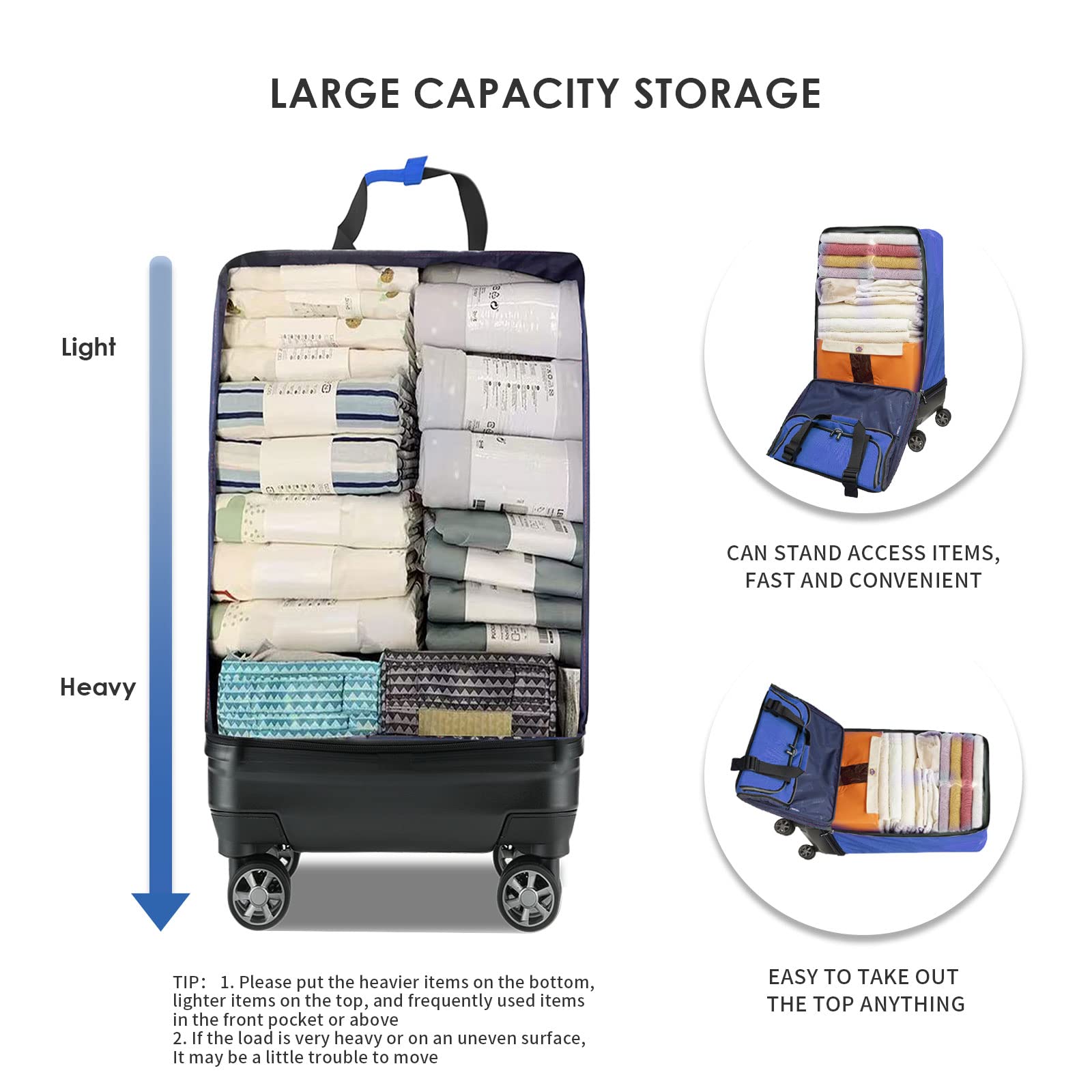 Expandable Foldable Luggage Bag 21-24 Inch - Lightweight Collapsible Suitcase with Detachable Spinner Wheels, Durable Rolling Travel Duffel for Airplane Carry-On & Weekend Trips (Blue)