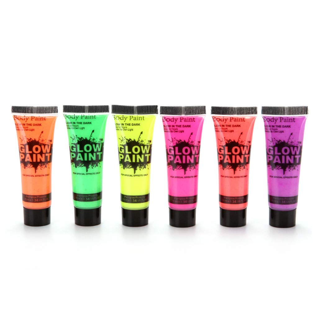 6 Pack Glow in The Dark Body Paint - UV Reactive Blacklight Face & Body Paint, Washable Neon Fluorescent Makeup for Halloween, Rave Parties & Cosplay (6 Tubes) | Perfect for Night Events, Festivals & DIY Projects