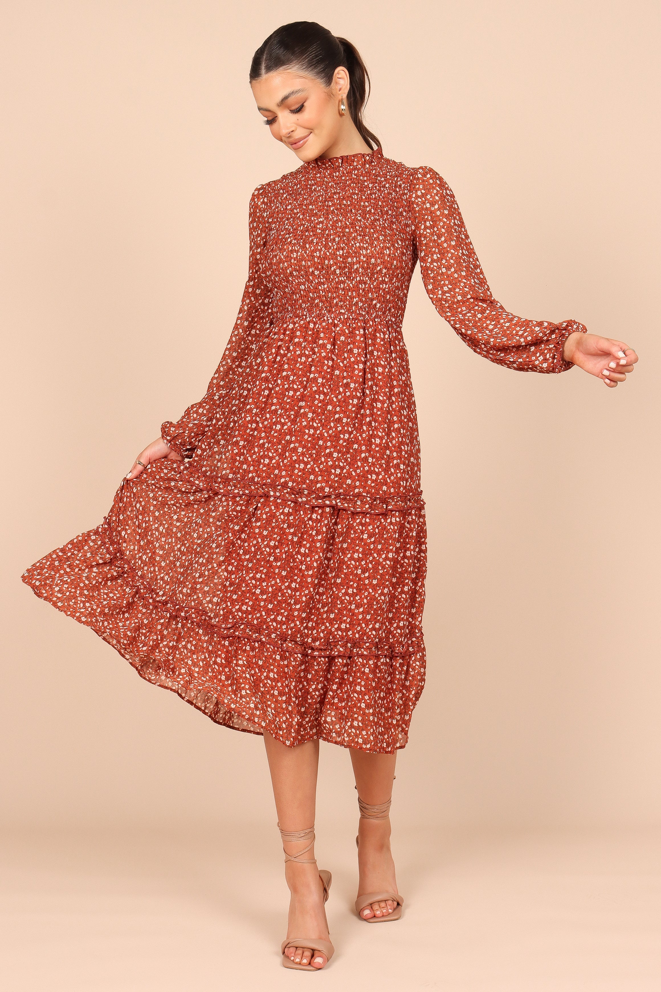 Edwina Women's Rust Floral Shirred Frill Long Sleeve Midi Dress - Elegant Boho Style for Parties, Weddings & Date Nights