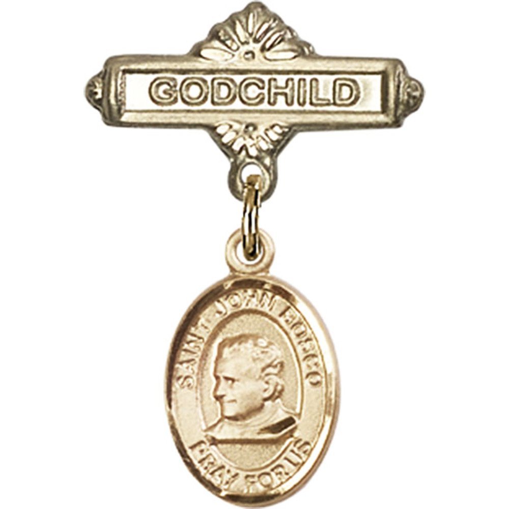 St. John Bosco Gold Filled Baby Badge Pin - 1 X 5/8 Inch Religious Godchild Charm - Perfect for Baptism Gifts, Christening Jewelry & First Communion Keepsakes