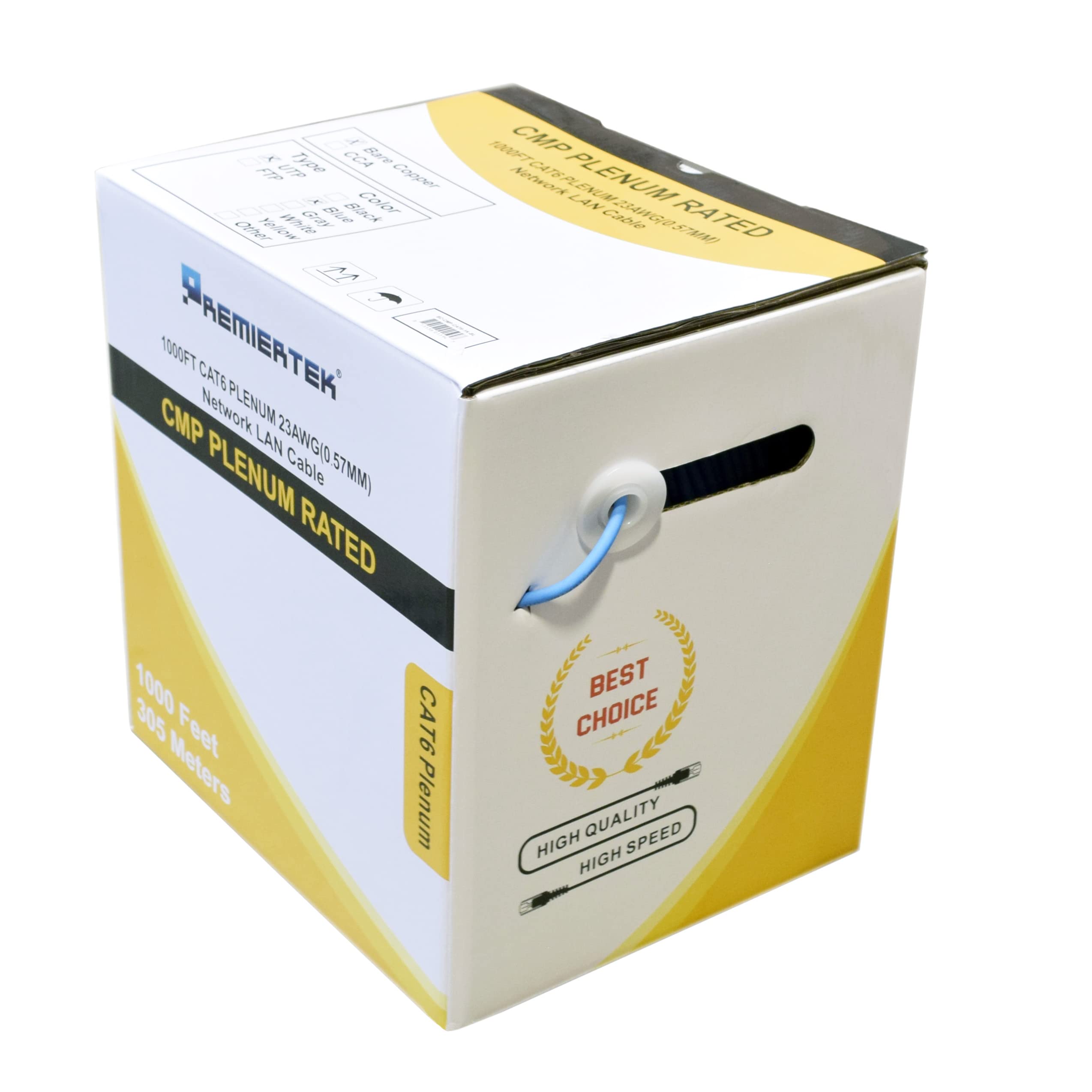 Premium 1000ft Cat6 Plenum CMP Ethernet Cable - Solid Full Copper, 550MHz, Fluke Tested, UTP, Blue - Ideal for Office Networking, Data Centers & High-Speed Internet Installations