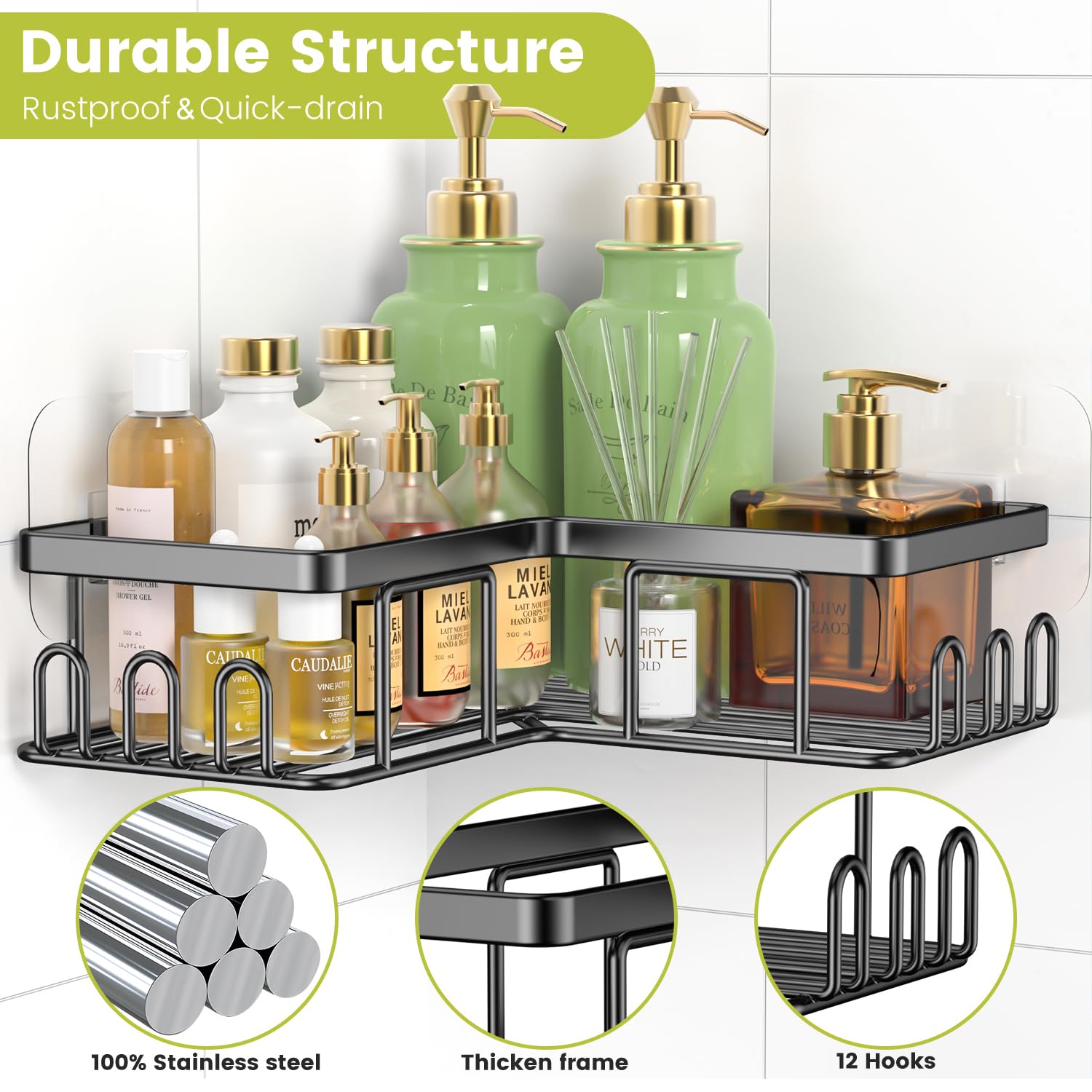 4-Pack Stainless Steel Self-Adhesive Shower Caddy Corner Shelves with Soap Dish Holder - Bathroom Storage Organizer for Shampoo, Conditioner & Body Wash - Perfect for Small Bathrooms, Apartments & Dorm Showers