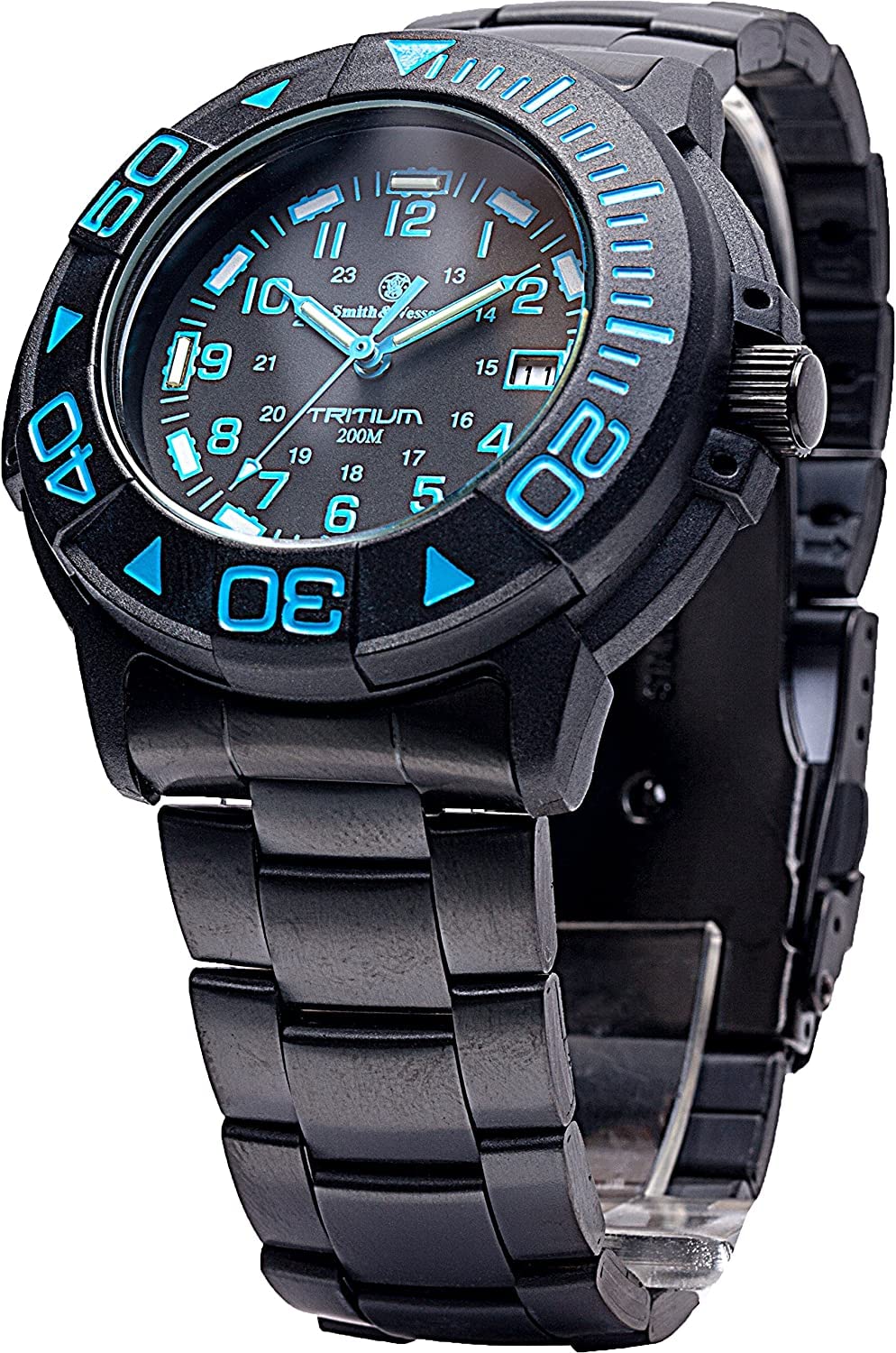 Smith & Wesson Men's Tactical Military Watch - Swiss Tritium, 20ATM Waterproof, Black Dial, Stainless Steel Caseback, Diver Watch with Metal & Rubber Straps, 42mm - Perfect for Outdoor Adventures, Diving & Father's Day Gifts (Blue)