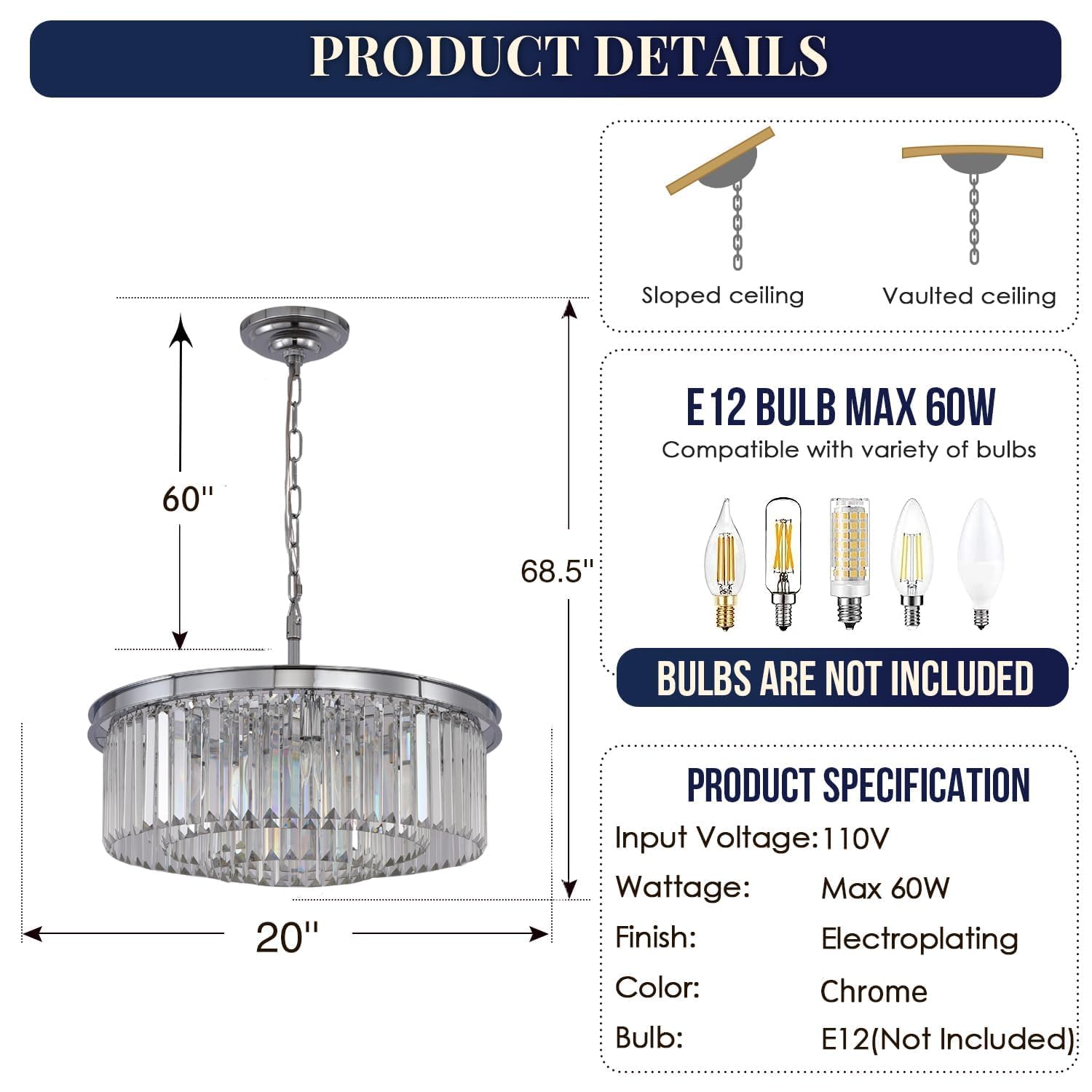 Modern Crystal Chandelier - 3-Tier Chrome Pendant Ceiling Light Fixture (20