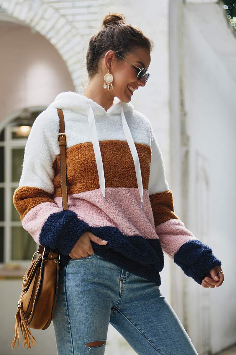 Women's Casual Fleece Sherpa Hoodie - Long Sleeve Fuzzy Pullover with Drawstring, Block Color Tops for Winter Outwear, Perfect for Outdoor Activities and Cozy Evenings
