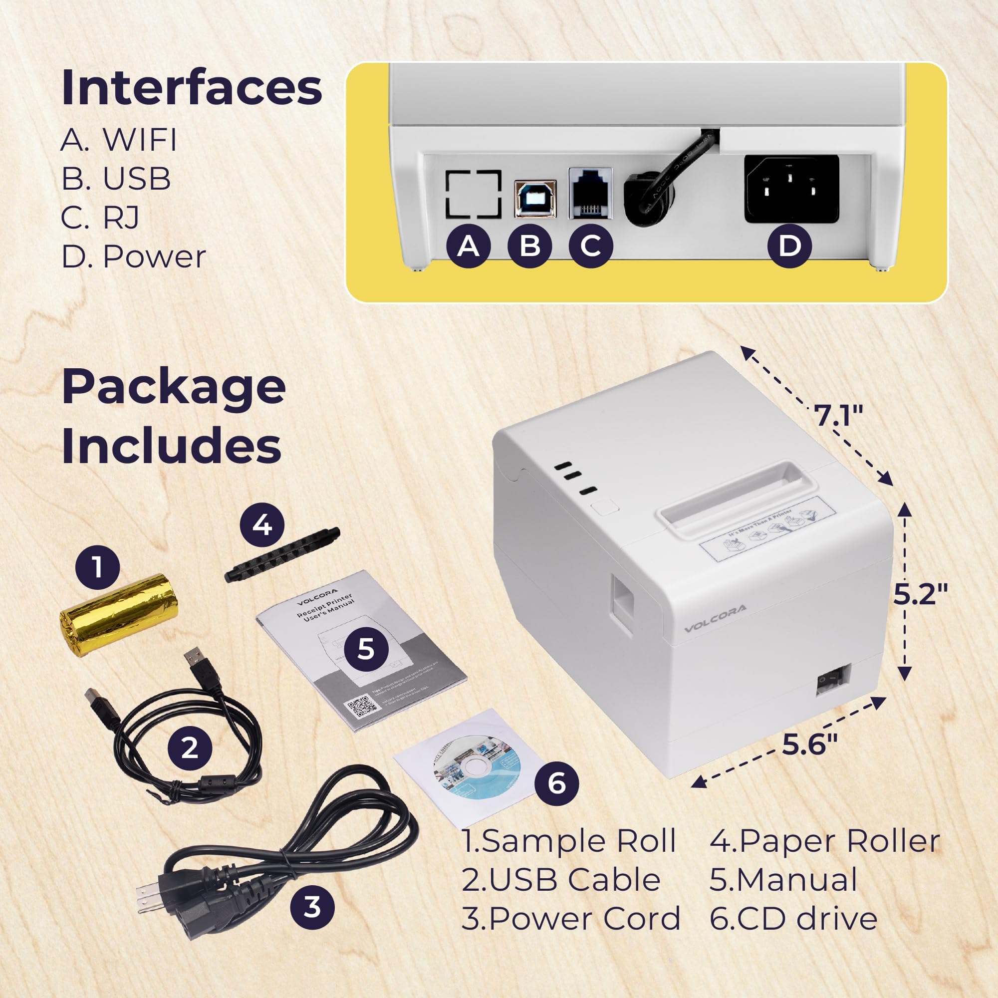 Volcora 80mm Thermal Receipt Printer with Auto Cutter - USB/WiFi POS Printer for Windows/MAC/Linux, ESC/POS Command Support, Cash Drawer Compatible - High Speed Kitchen & Retail Printer (White) - Perfect for Restaurants, Retail Stores, and Small Business POS Systems