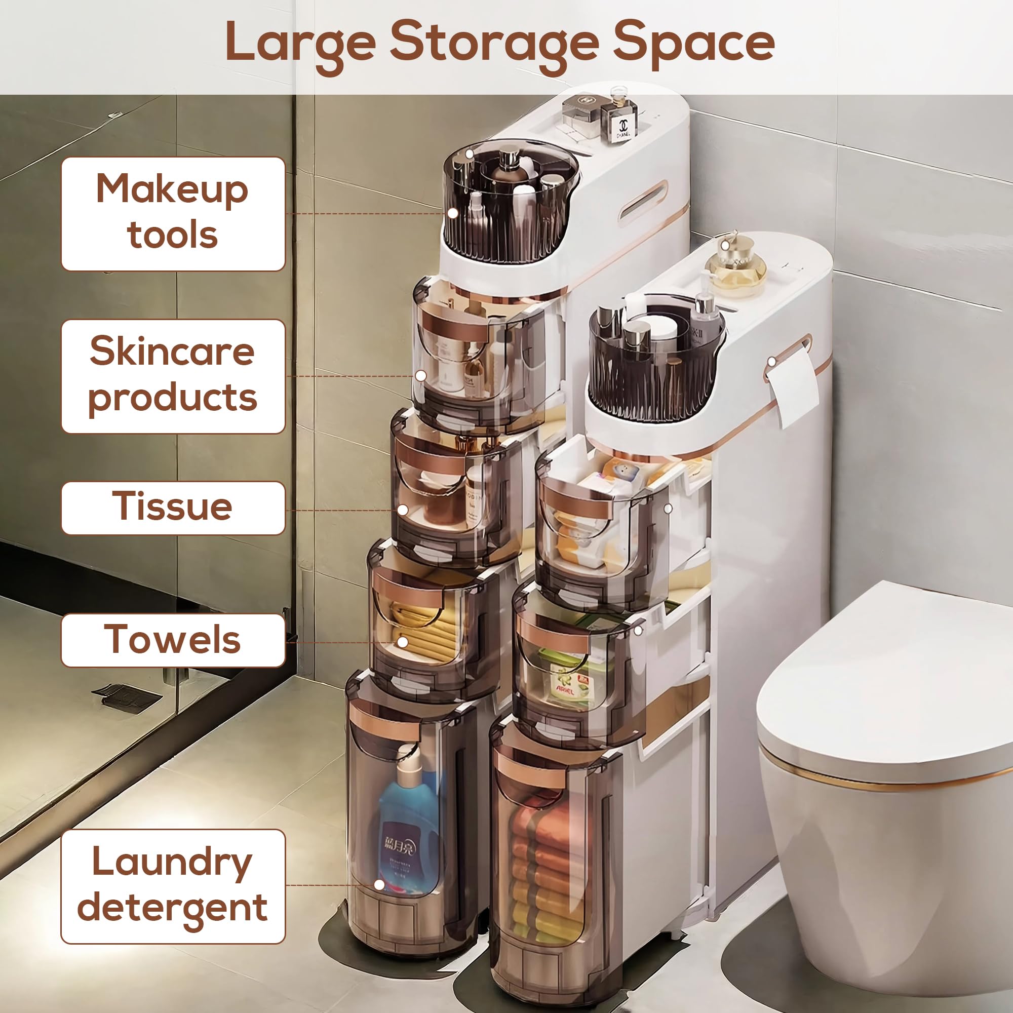 4-Drawer Slim Bathroom Storage Cabinet with Wheels - Narrow Floor Cabinet & Toilet Paper Holder - Waterproof Bathroom Organizer for Small Spaces - Perfect for Kitchen, Laundry, Office, Bedroom - Ready to Use Out of The Box - Ideal for Apartments, Dorms & Tiny Homes