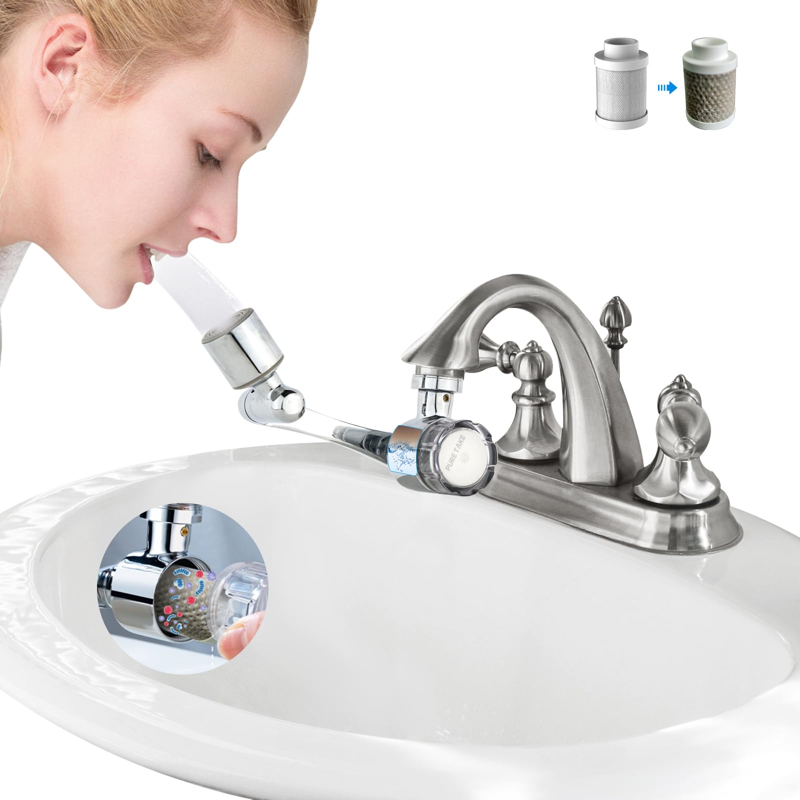 1080° Rotating Swivel Faucet Water Filter for Bathroom Sink - Removes 99% Chlorine, Bad Taste & Odor - Purifies Water to Relieve Dry, Itchy & Sensitive Skin - Perfect for Handwashing, Face Cleansing & Dental Care