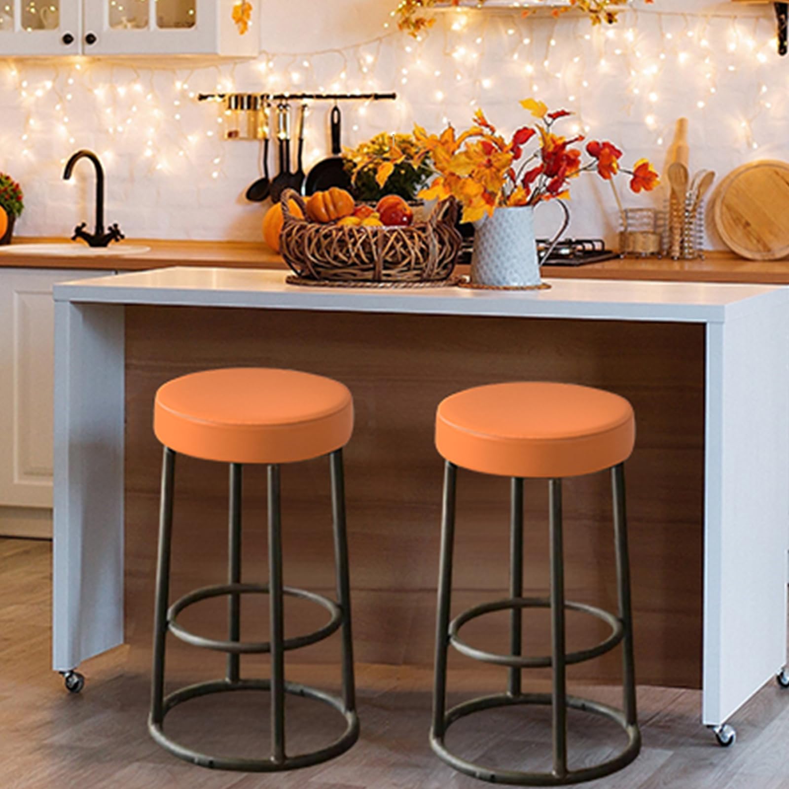 FUANGUI 2-Pack Waterproof PU Bar Stool Covers with Elastic Bands - Washable Round Seat Slipcovers for 12-15 Inch Bar Stools (Orange) - Perfect for Kitchen, Dining Room & Outdoor Use