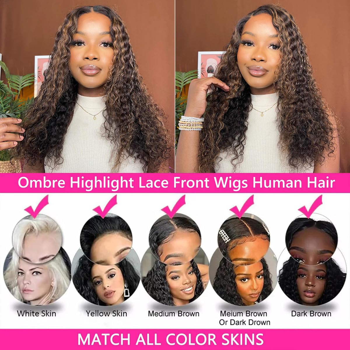 Glueless Ombre Human Hair Wigs 20 Inch - Pre Plucked Lace Front Wig 1B/30 Highlight 180% Density 5x5 Curly Brown - Perfect for Daily Wear, Parties & Special Occasions