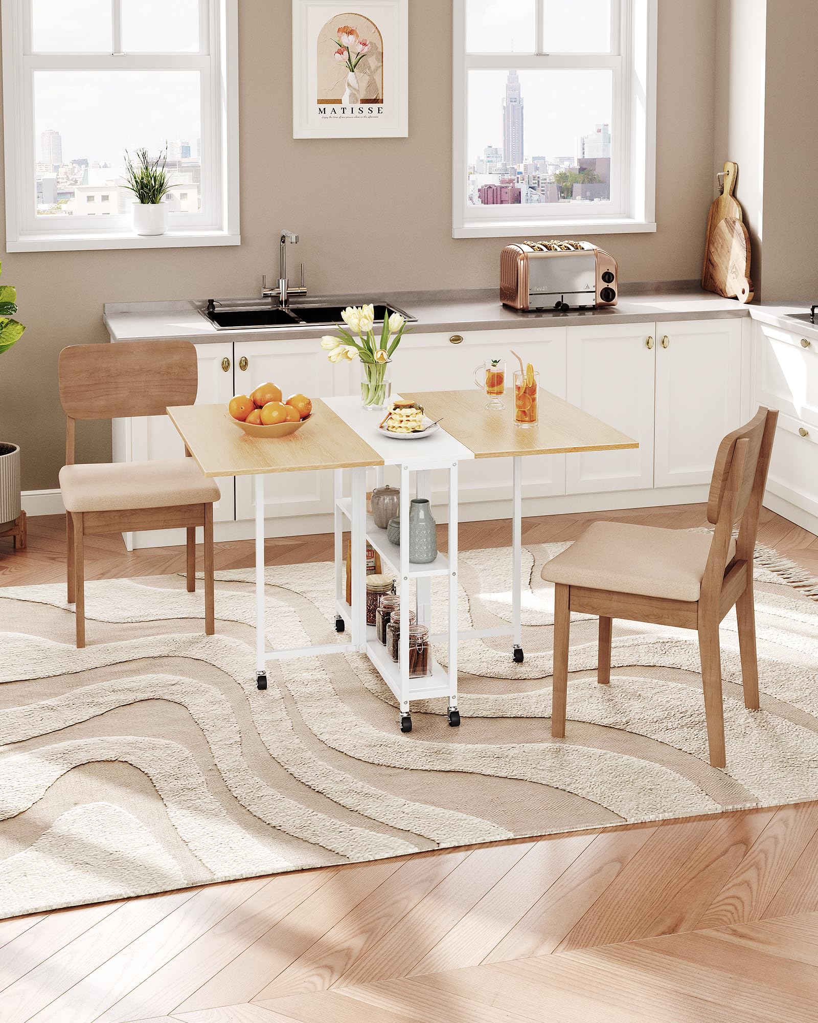 Foldable Expandable Dining Table with Wheels - Space Saving Kitchen & Living Room Furniture for Small Apartments, White & Natural Wood Finish (Model TCZ01WN) - Perfect for Compact Homes, Studio Apartments & Multi-Purpose Spaces