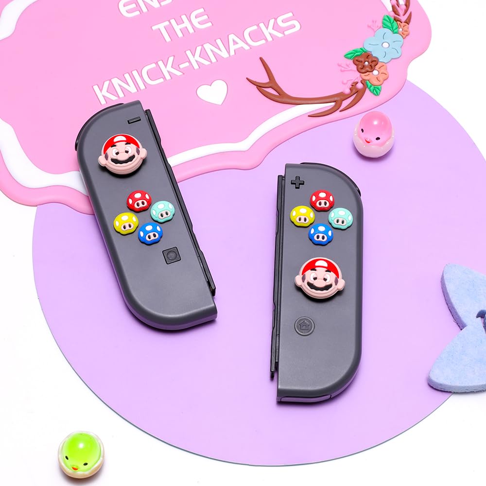 PERFECTSIGHT Mushroom D-Pad Button Caps & Silicone Thumb Grips Set for Nintendo Switch/Switch OLED - Cute ABXY Key Buttons Sticker & Joystick Cover Caps for Mario Fans | Gaming Accessories for Enhanced Comfort & Grip During Play