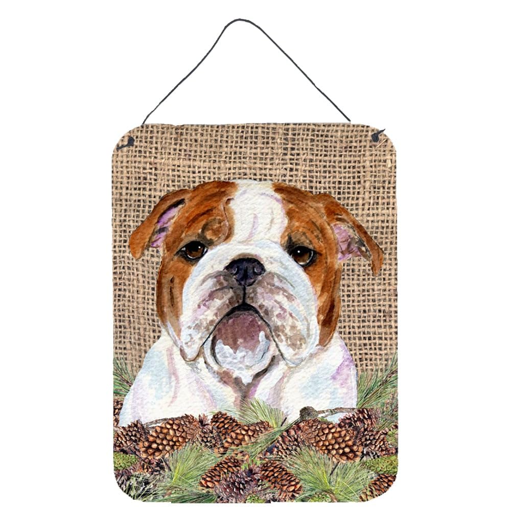 English Bulldog Metal Wall Art Sign - 12x16 Faux Burlap with Pine Cones Design - Rustic Home Decor for Kitchen, Bathroom, Bar & Front Door - Durable Aluminum Plaque for Indoor/Outdoor Use - Perfect Gift for Dog Lovers