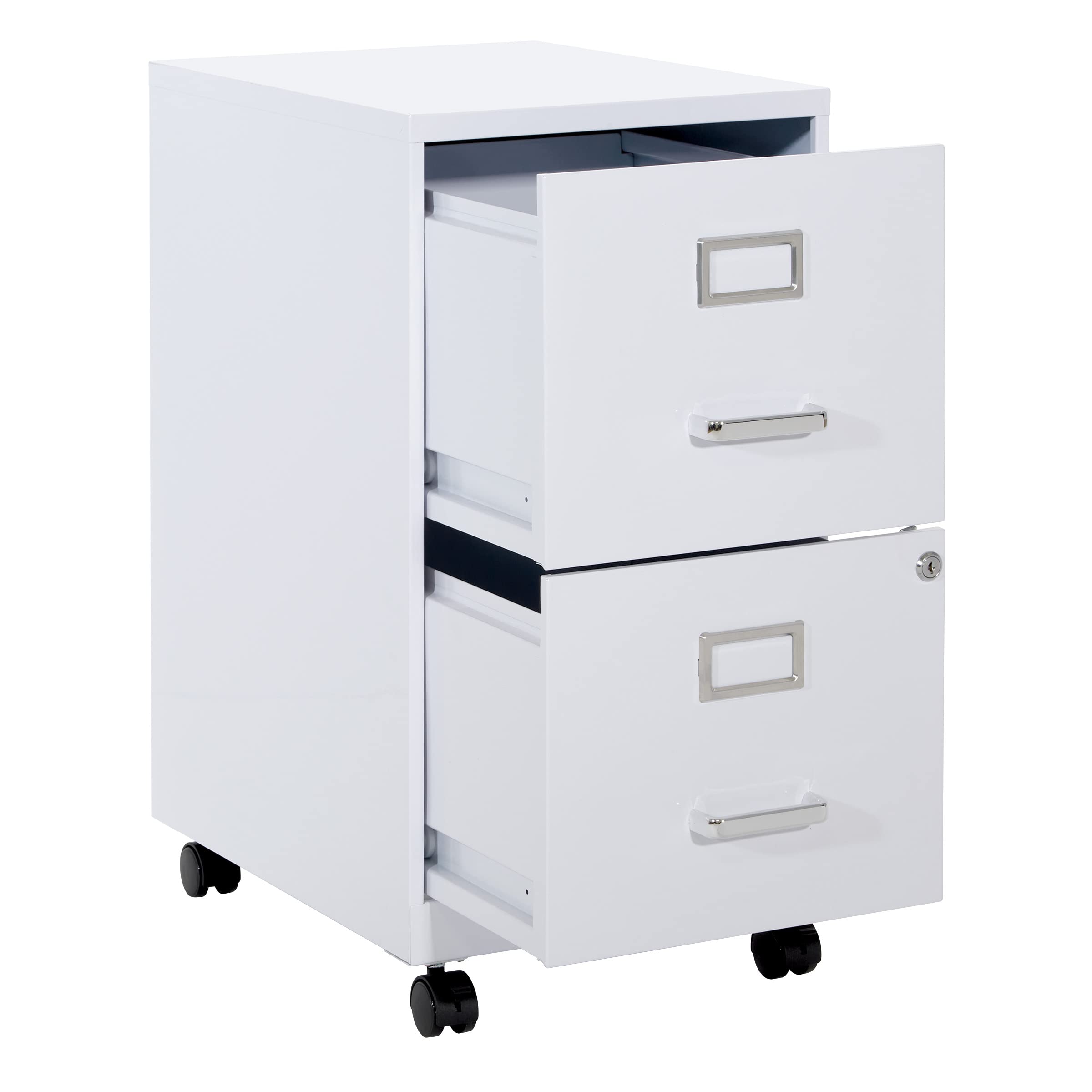 OSP Home Furnishings 2-Drawer Mobile Locking Metal File Cabinet, White - Office Storage Solution for Documents & Supplies | Rolling File Cabinet for Home & Business Use