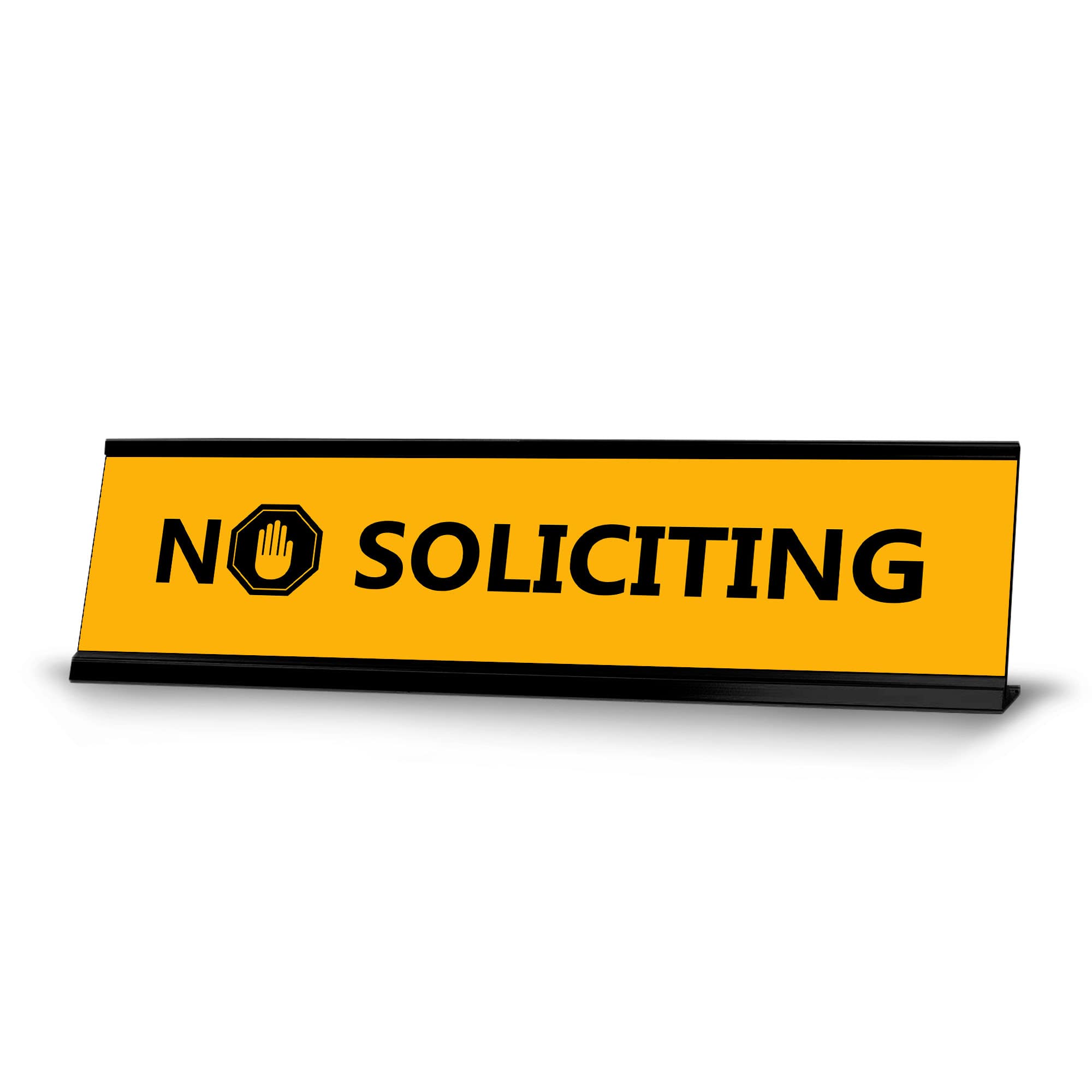 No Soliciting Sign - Black Frame Office Desk Sign (2x8 Inches) - Perfect for Business, Reception, and Home Office Privacy