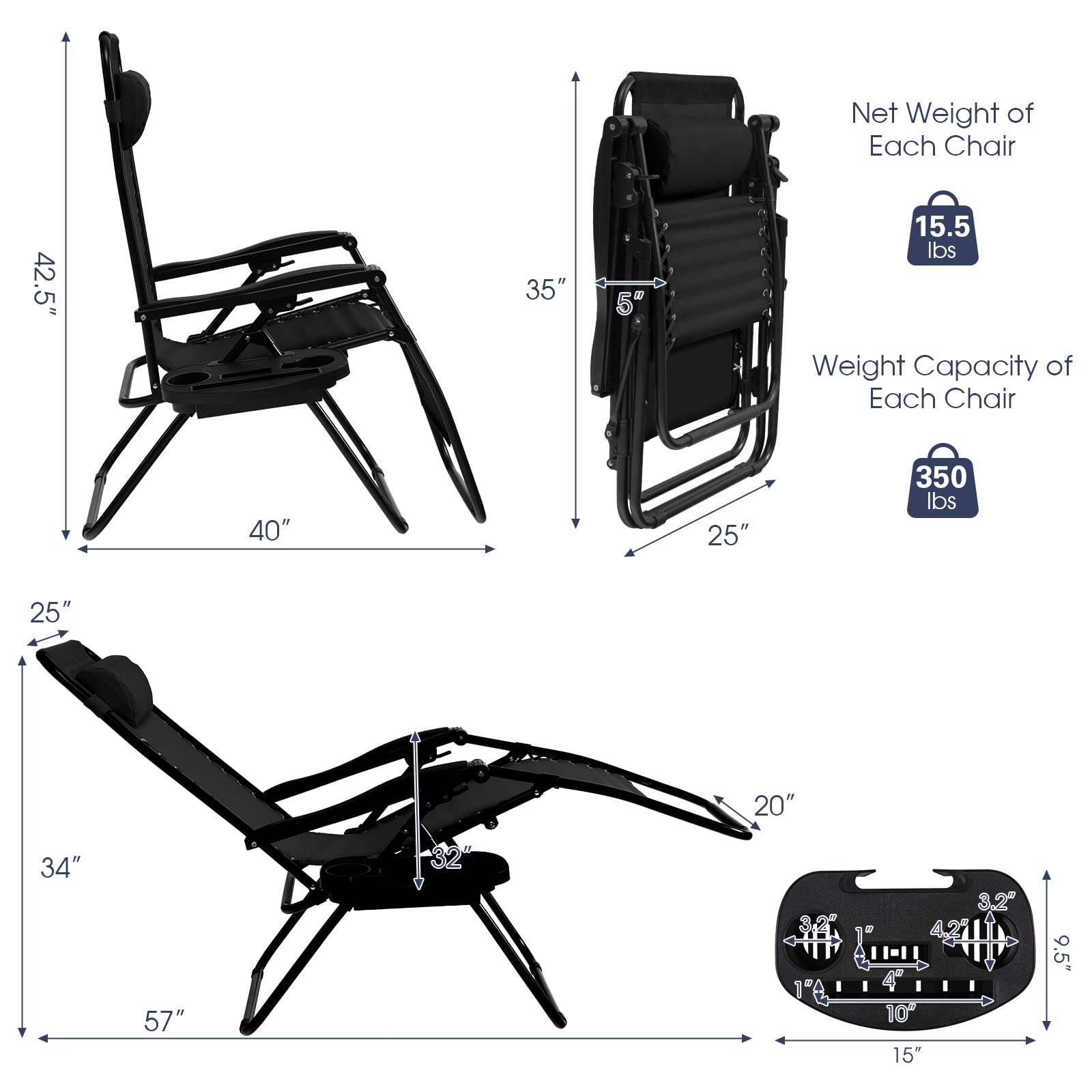 Goplus Zero Gravity Lounge Chairs - 160° Adjustable Folding Recliner with Pillow & Cup Holder, 350LBS Capacity - Comfortable Outdoor Patio Chairs for Backyard, Poolside, Beach & Camping (1-Pack, Black) - Perfect for Relaxing, Sunbathing & Outdoor Leisure