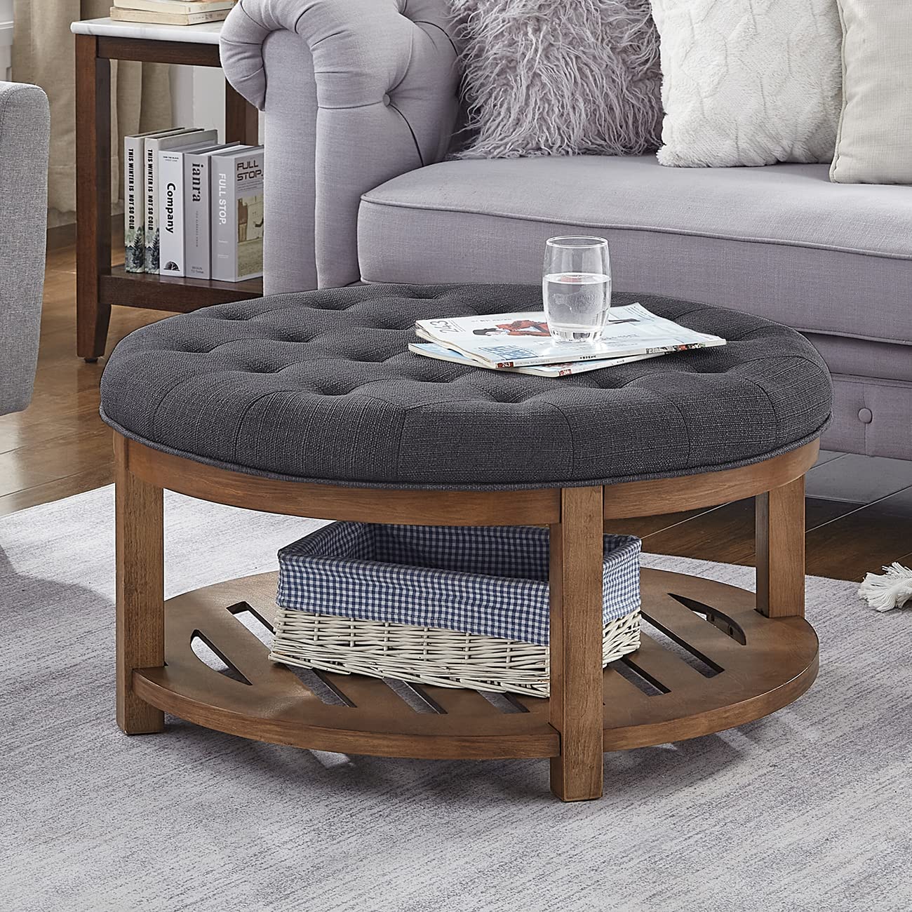 24K Gold Large Round Upholstered Tufted Linen Ottoman Coffee Table with Wood Shelf Storage - Charcoal Footrest Ottoman for Living Room, Bedroom & Home Decor