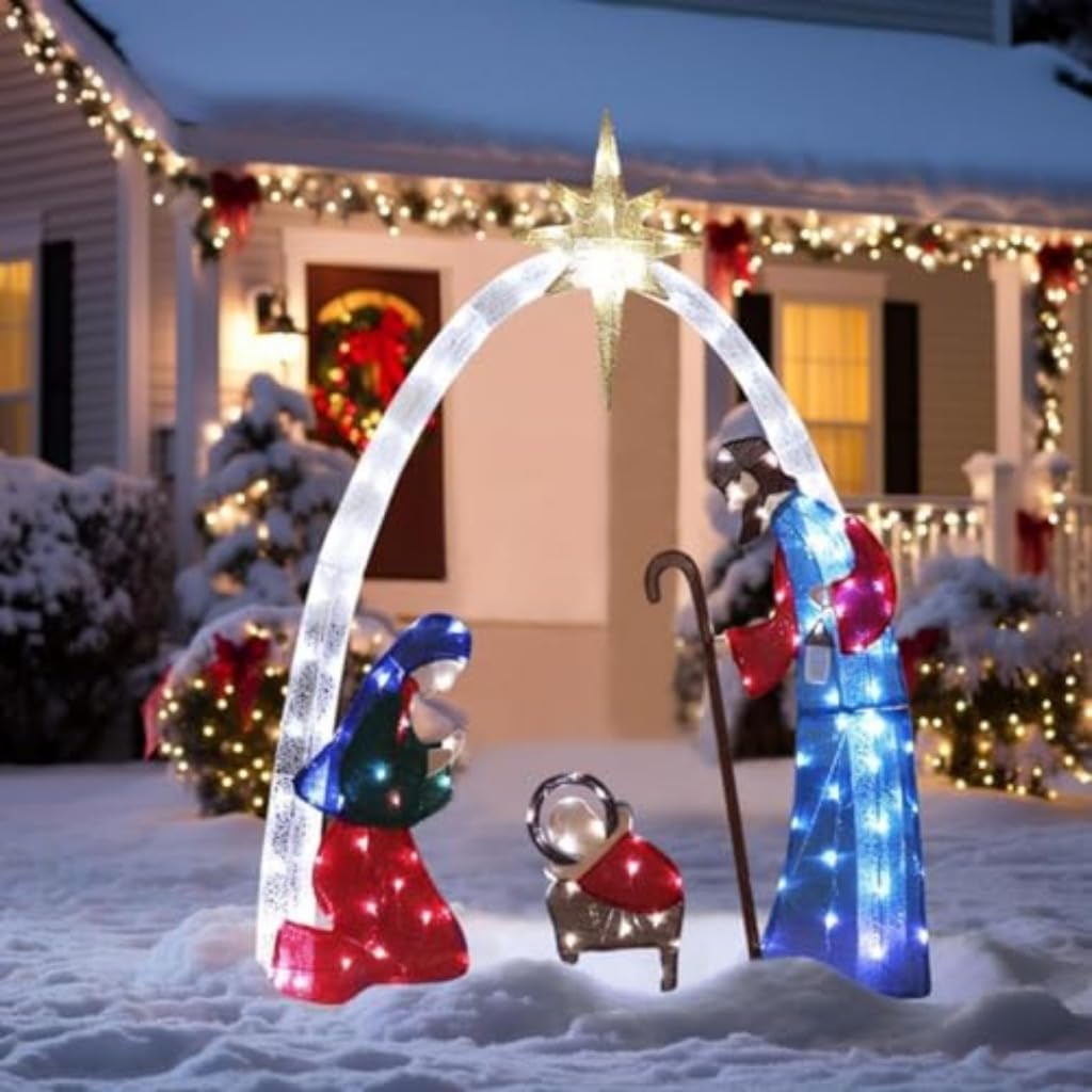 5FT Lighted Christmas Nativity Scene for Outdoor Yard Decor, Large LED Nativity Silhouette with Metal Stakes - Indoor/Outdoor Xmas Decoration 2023 (Red & Blue) | Perfect for Front Lawn, Church Displays & Holiday Festivities
